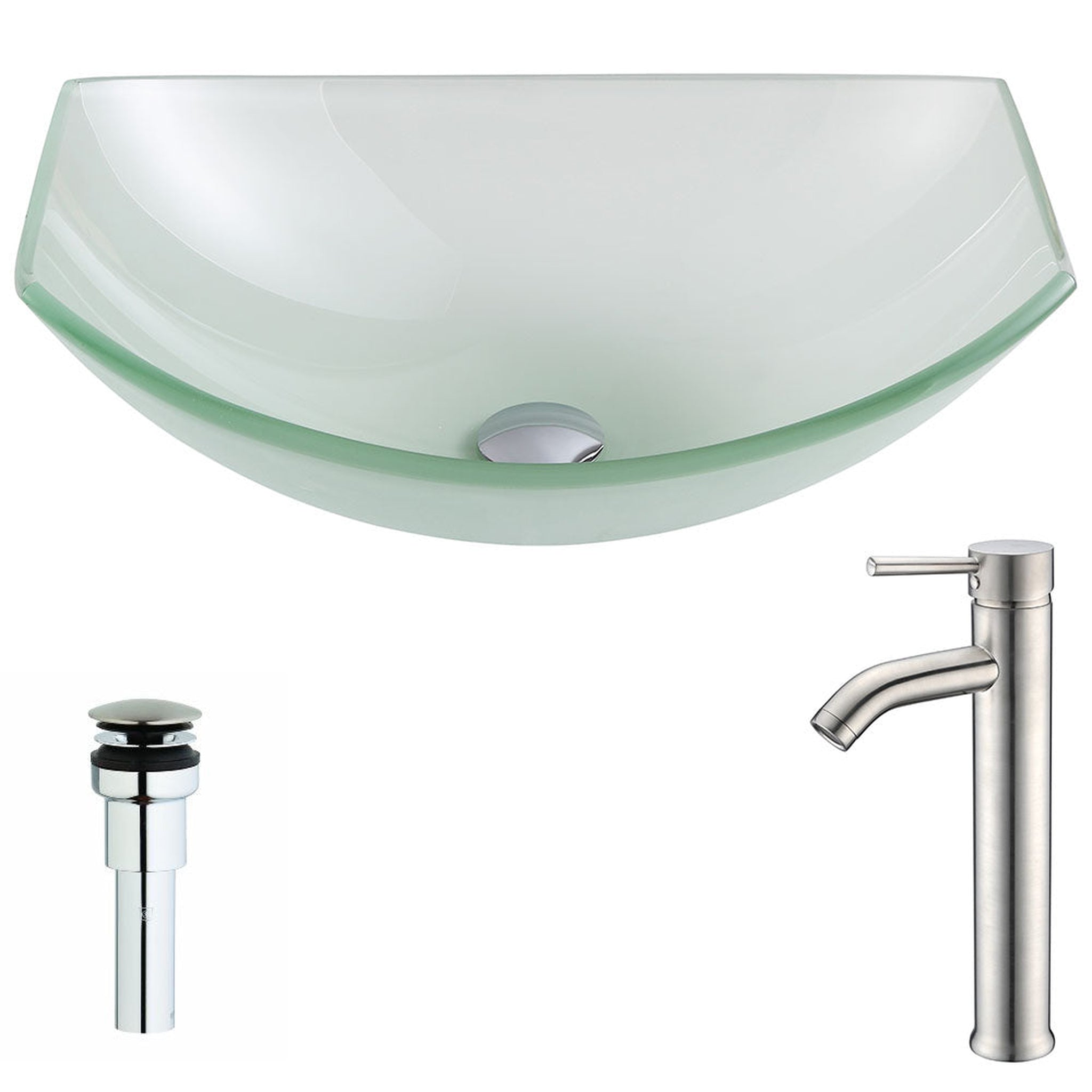 ANZZI, ANZZI Pendant Series 20" x 15" Oval Shape Lustrous Frosted Deco-Glass Vessel Sink With Polished Chrome Pop-Up Drain and Brushed Nickel Fann Faucet