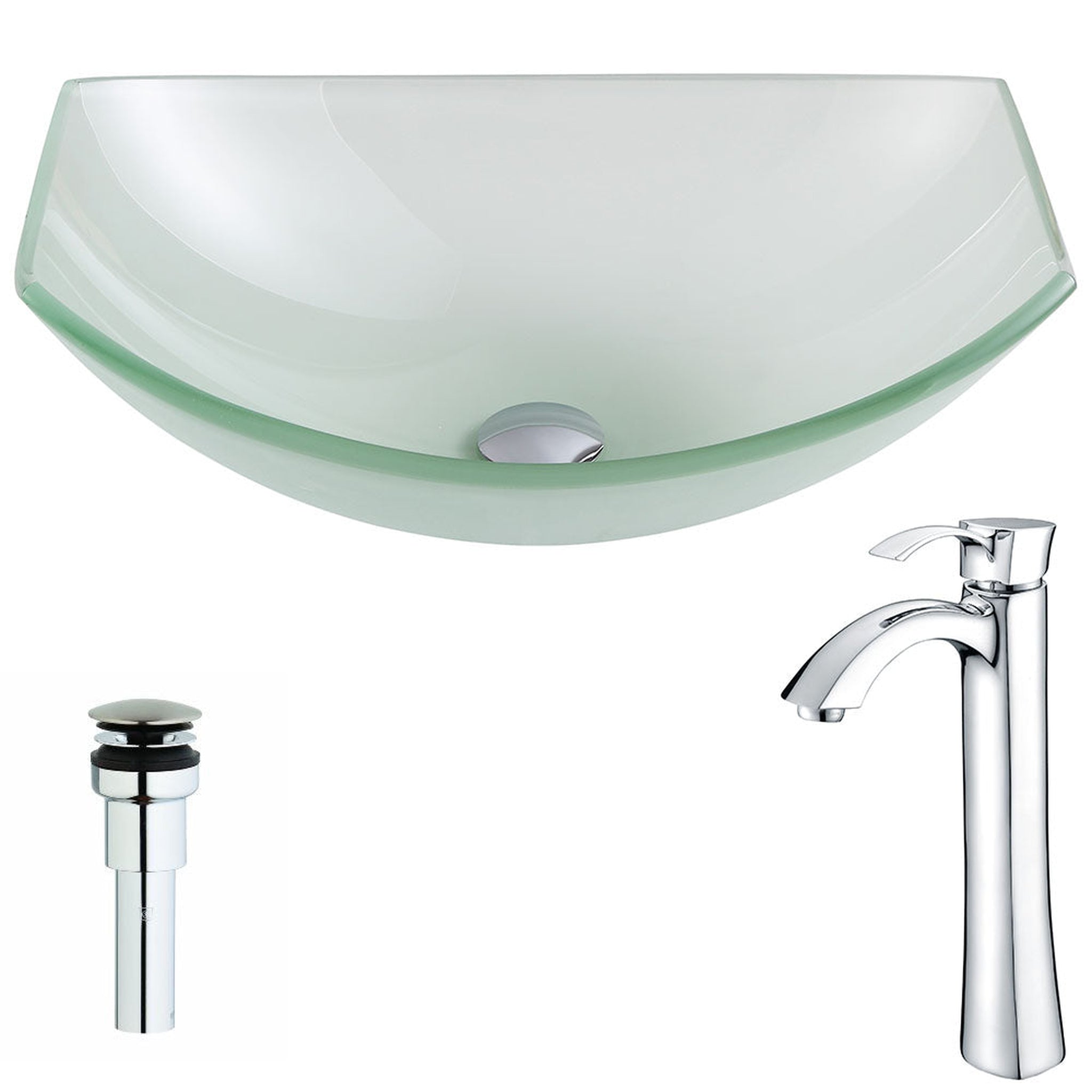 ANZZI, ANZZI Pendant Series 20" x 15" Oval Shape Lustrous Frosted Deco-Glass Vessel Sink With Polished Chrome Pop-Up Drain and Harmony Faucet