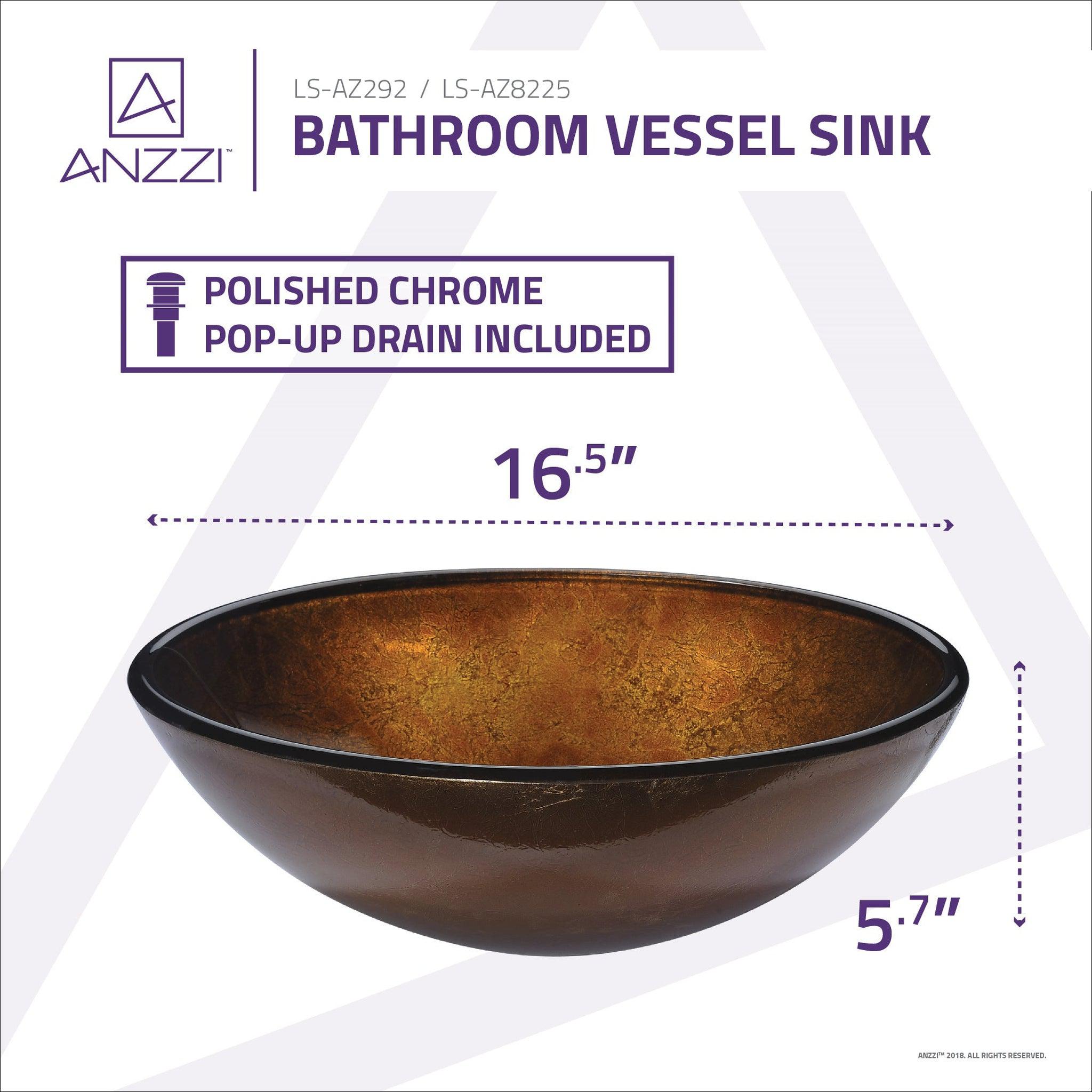 ANZZI, ANZZI Posh Series 17" x 17"  Round Amber Gold Deco-Glass Vessel Sink With Polished Chrome Pop-Up Drain