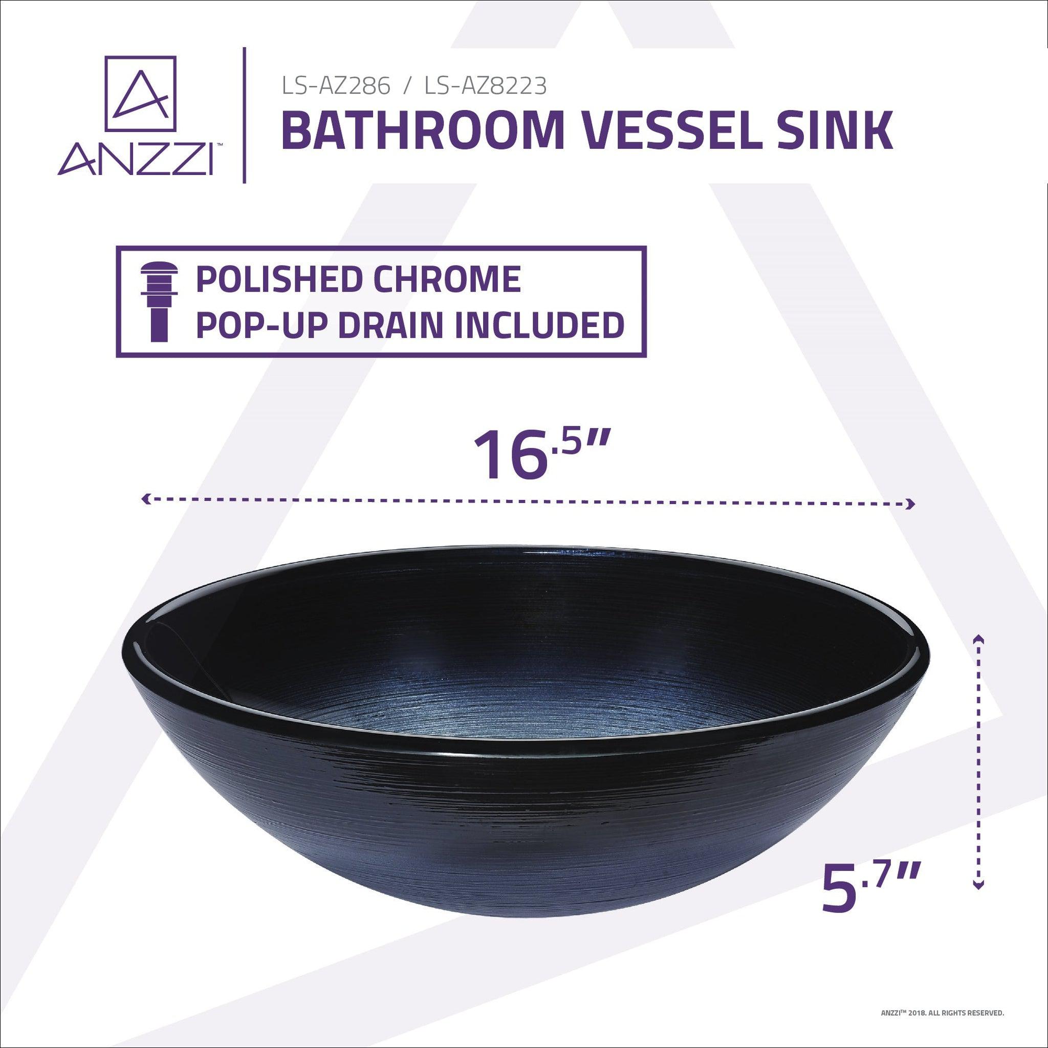 ANZZI, ANZZI Posh Series 17" x 17"  Round Brushed Dusk Deco-Glass Vessel Sink With Polished Chrome Pop-Up Drain