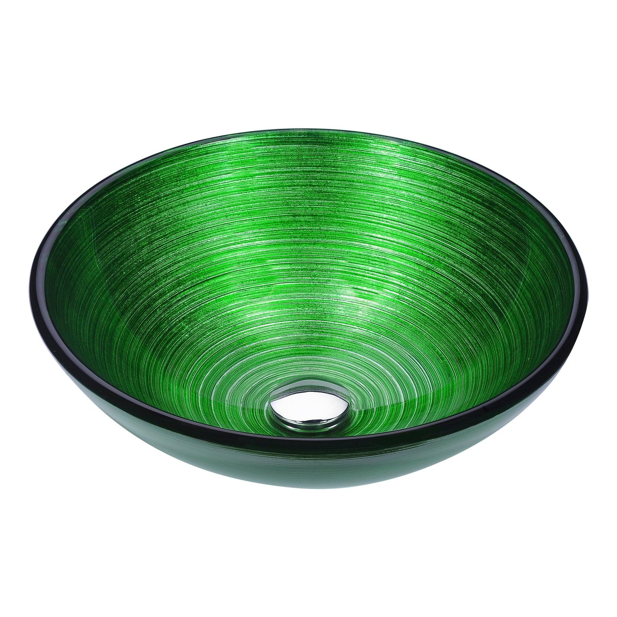 ANZZI, ANZZI Posh Series 17" x 17" Round Brushed Green Deco-Glass Vessel Sink With Polished Chrome Pop-Up Drain