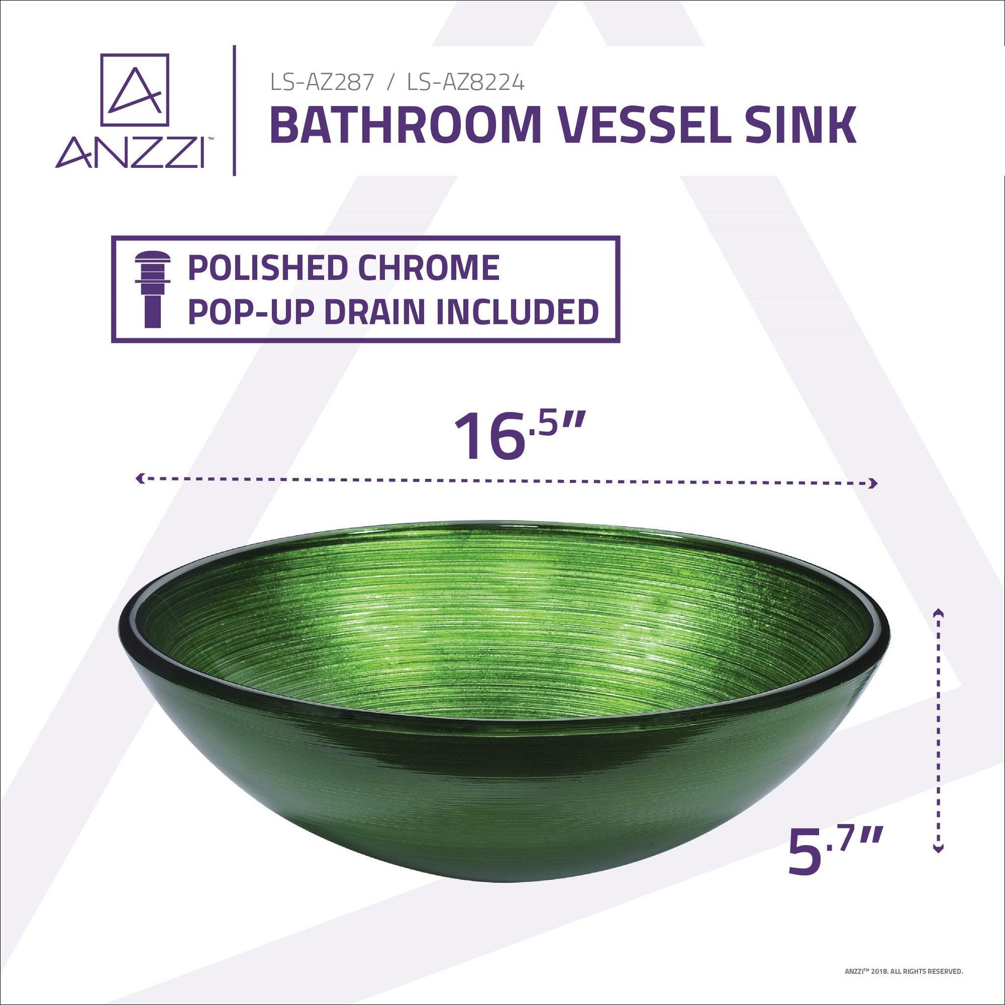 ANZZI, ANZZI Posh Series 17" x 17" Round Brushed Green Deco-Glass Vessel Sink With Polished Chrome Pop-Up Drain