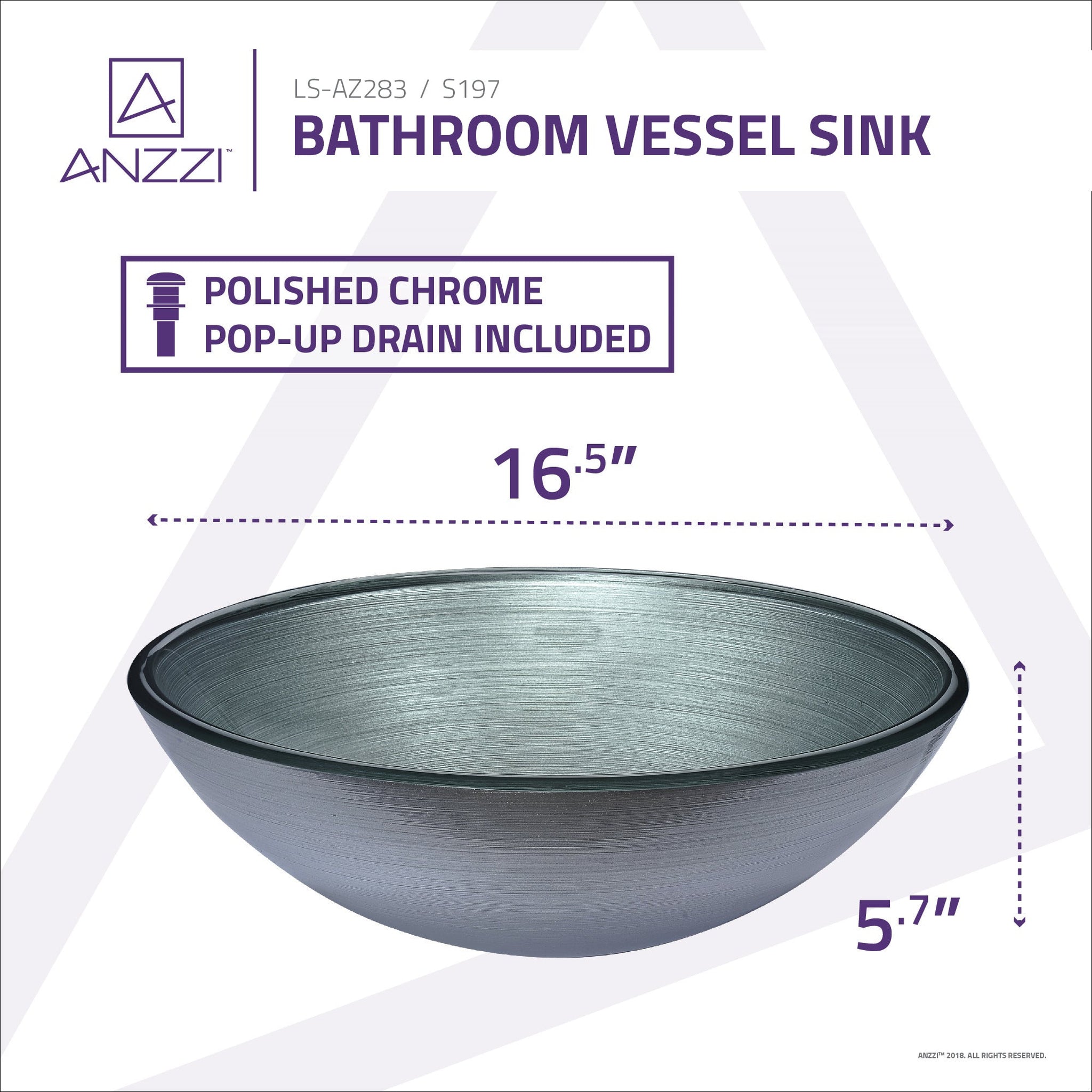 ANZZI, ANZZI Posh Series 17" x 17" Round Brushed Silver Deco-Glass Vessel Sink With Polished Chrome Pop-Up Drain