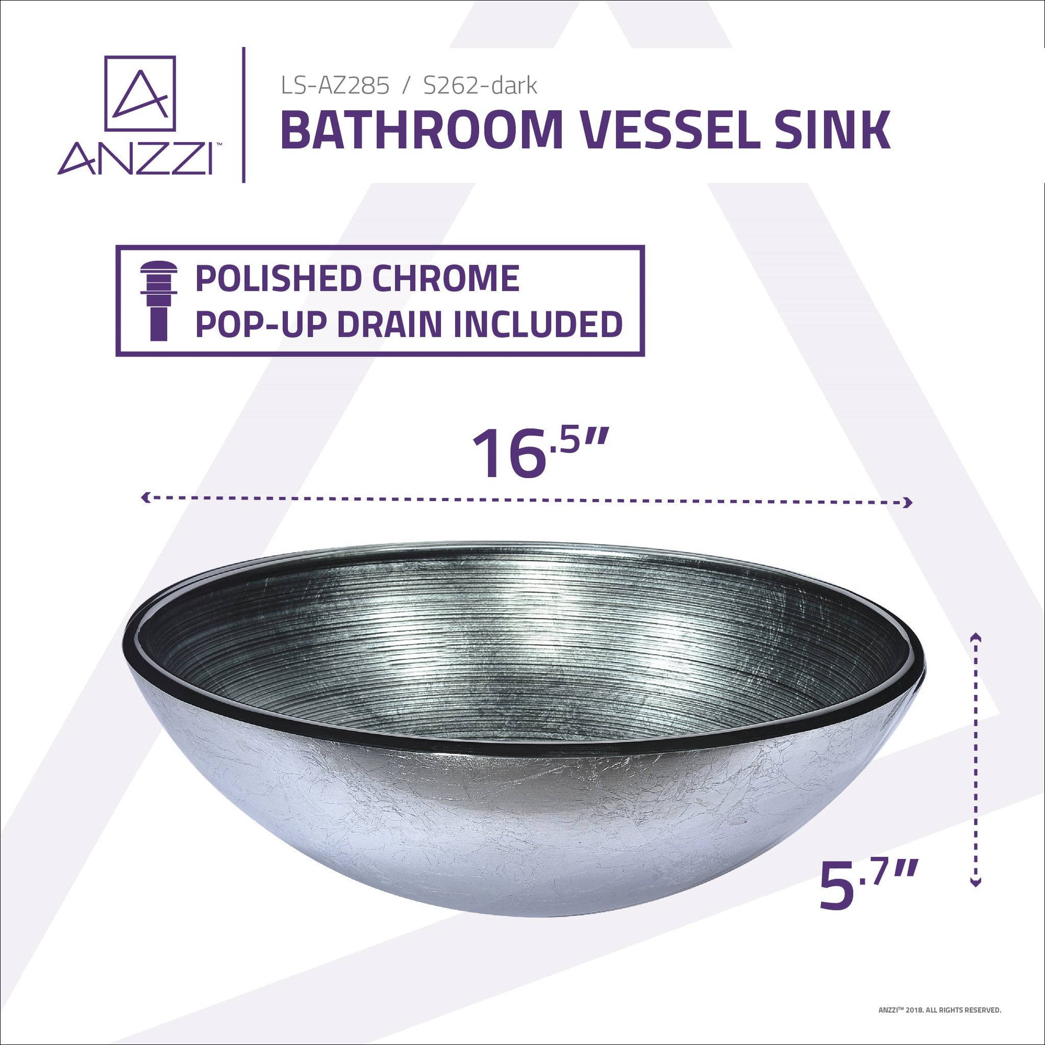 ANZZI, ANZZI Posh Series 17" x 17" Round Brushed Silver Deco-Glass Vessel Sink With Polished Chrome Pop-Up Drain