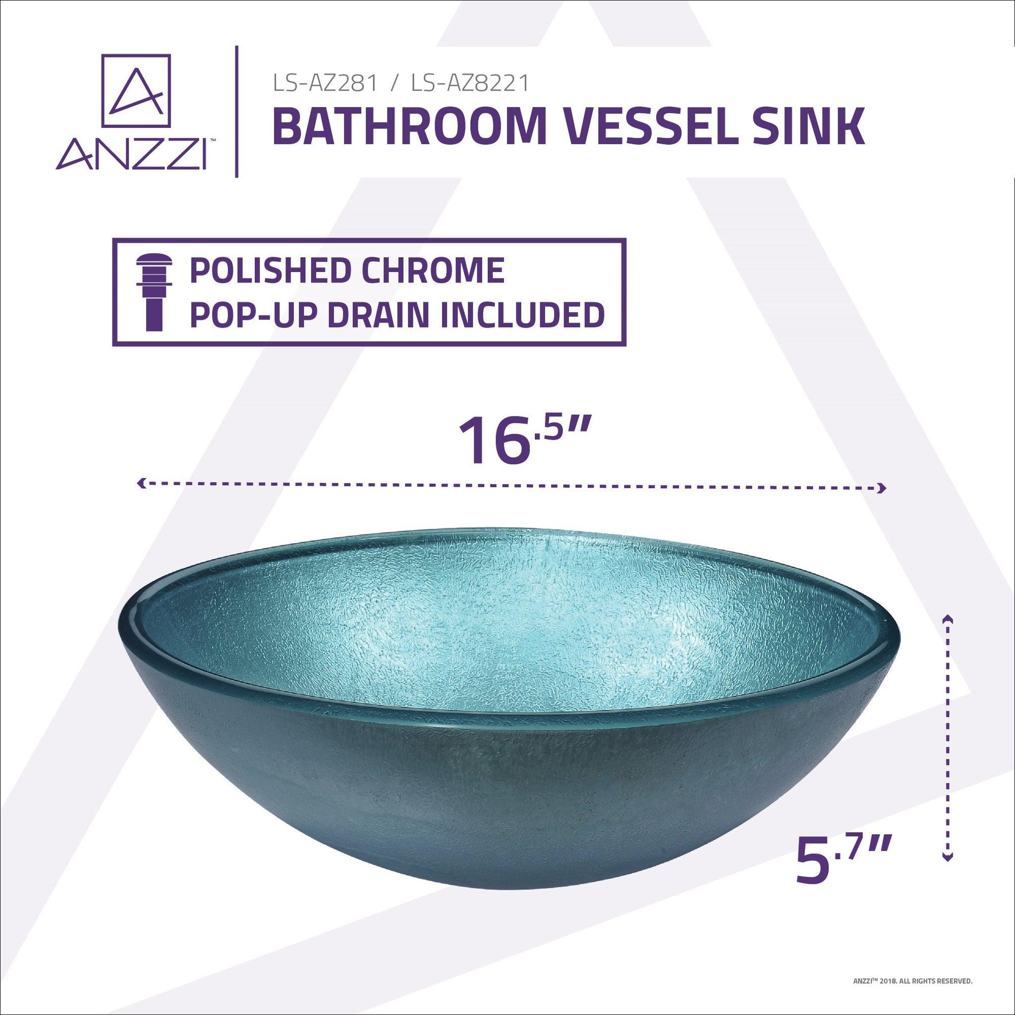 ANZZI, ANZZI Posh Series 17" x 17" Round Coral Blue Deco-Glass Vessel Sink With Polished Chrome Pop-Up Drain