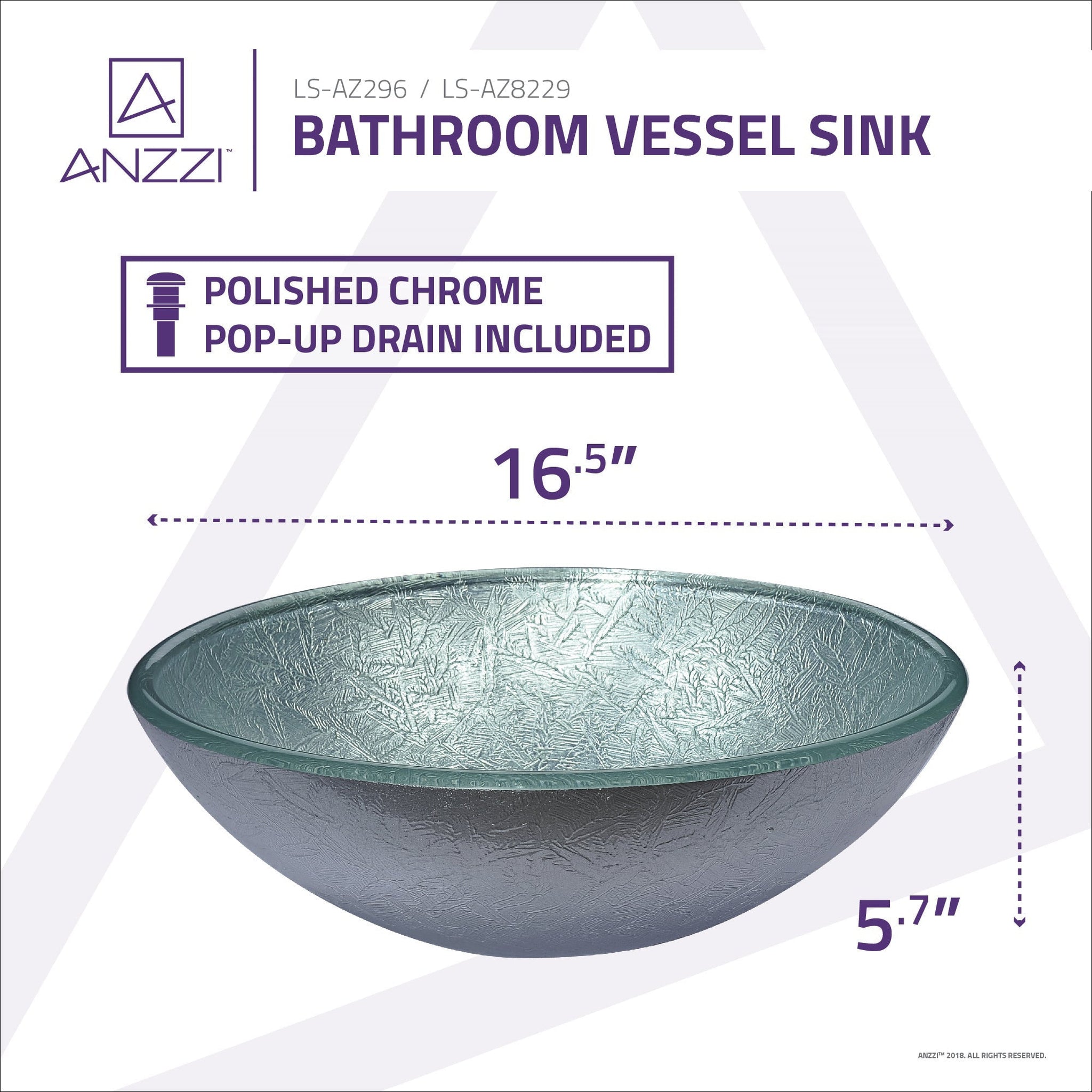 ANZZI, ANZZI Posh Series 17" x 17" Round Glacial Silver Deco-Glass Vessel Sink With Polished Chrome Pop-Up Drain