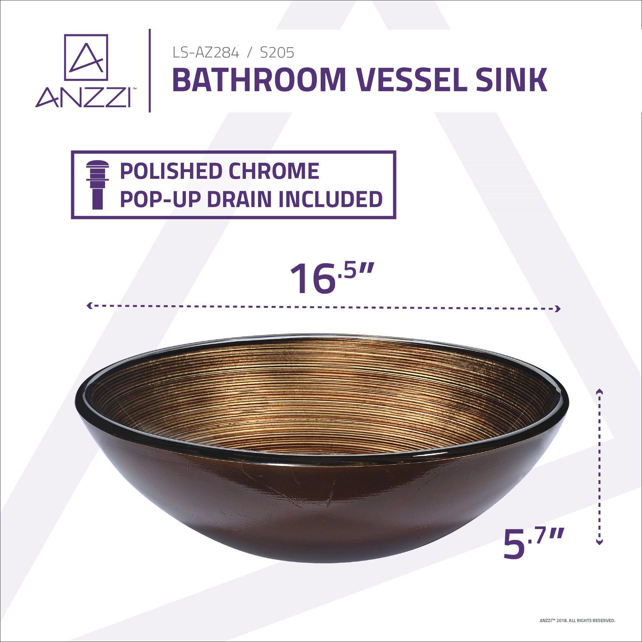 ANZZI, ANZZI Posh Series 17" x 17" Round Radial Umber Deco-Glass Vessel Sink With Polished Chrome Pop-Up Drain