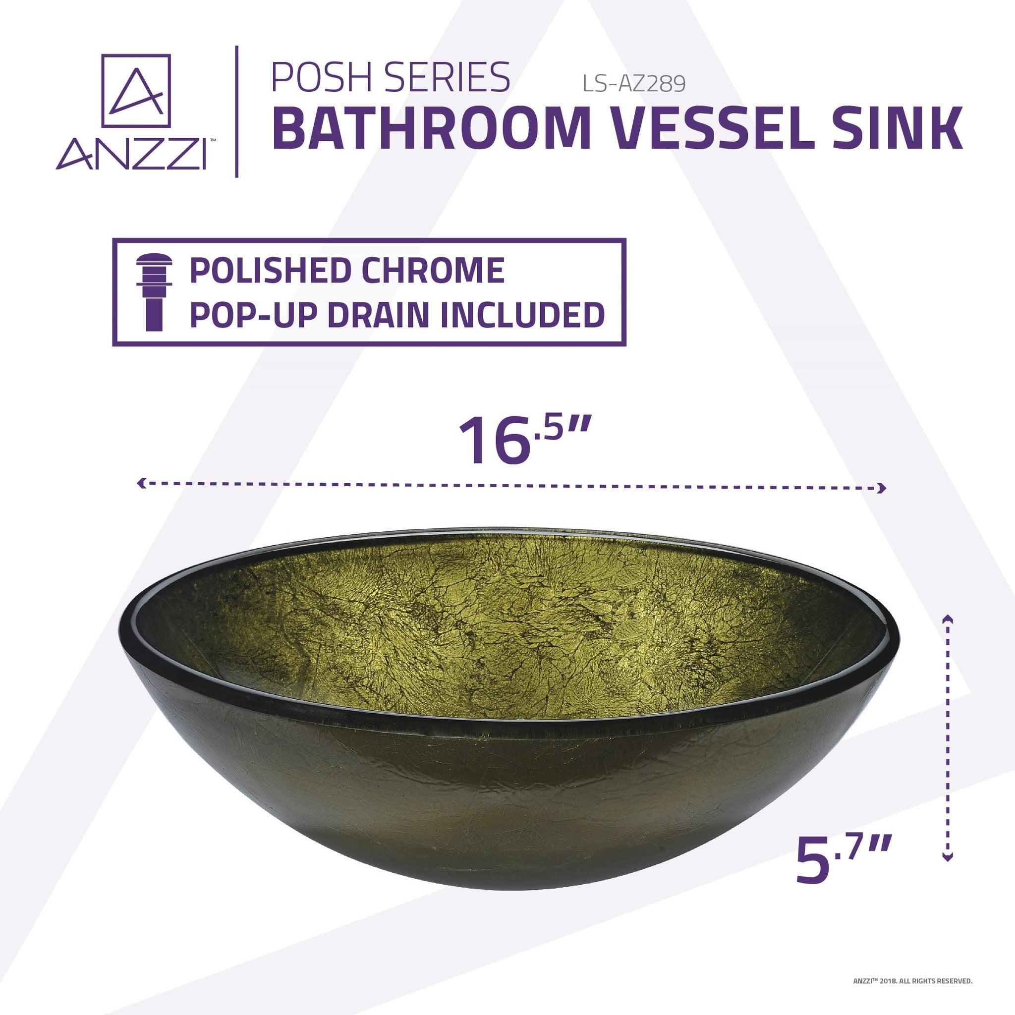 ANZZI, ANZZI Posh Series 17" x 17" Round Verdure Gold Deco-Glass Vessel Sink With Polished Chrome Pop-Up Drain