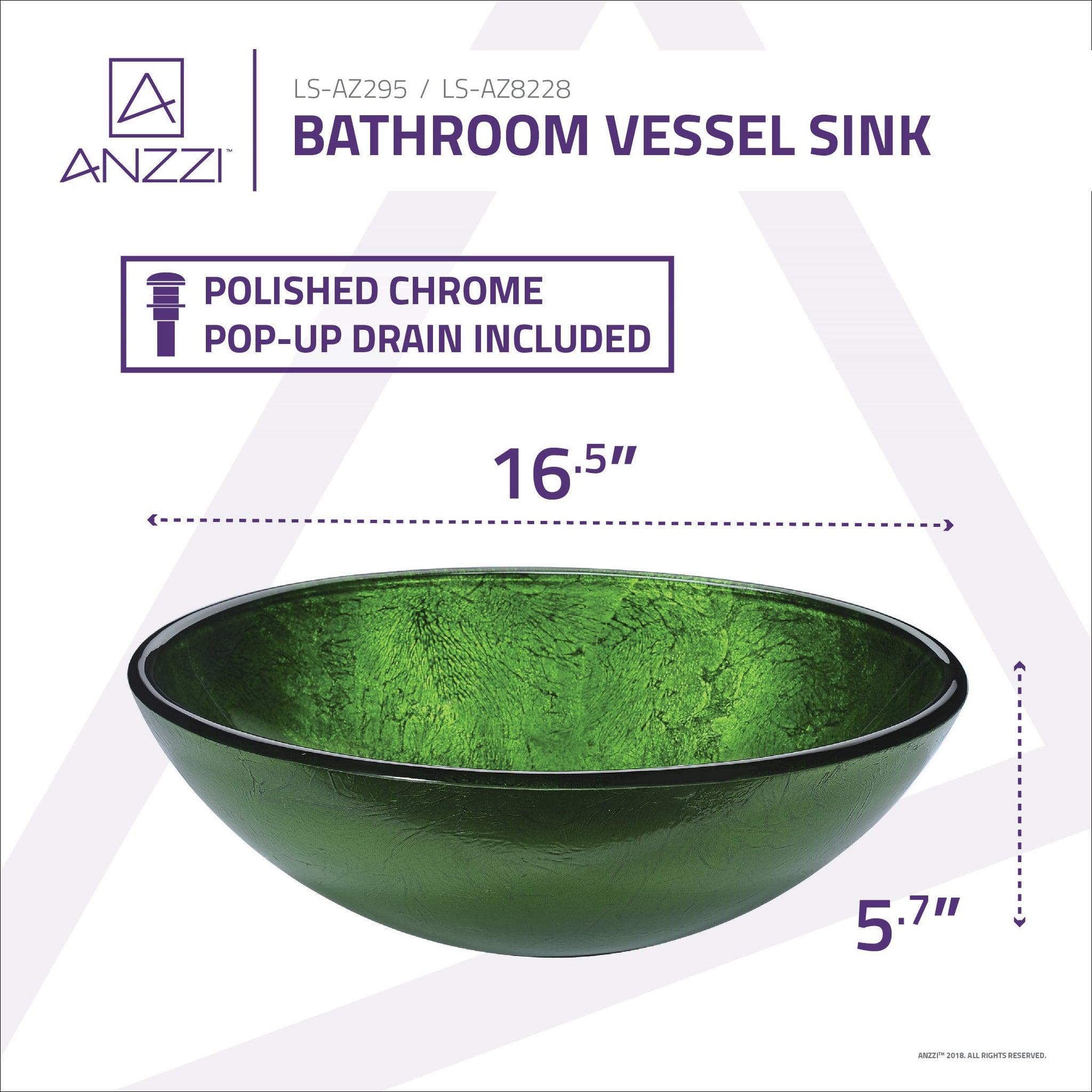 ANZZI, ANZZI Posh Series 17" x 17" Round Verdure Green Deco-Glass Vessel Sink With Polished Chrome Pop-Up Drain