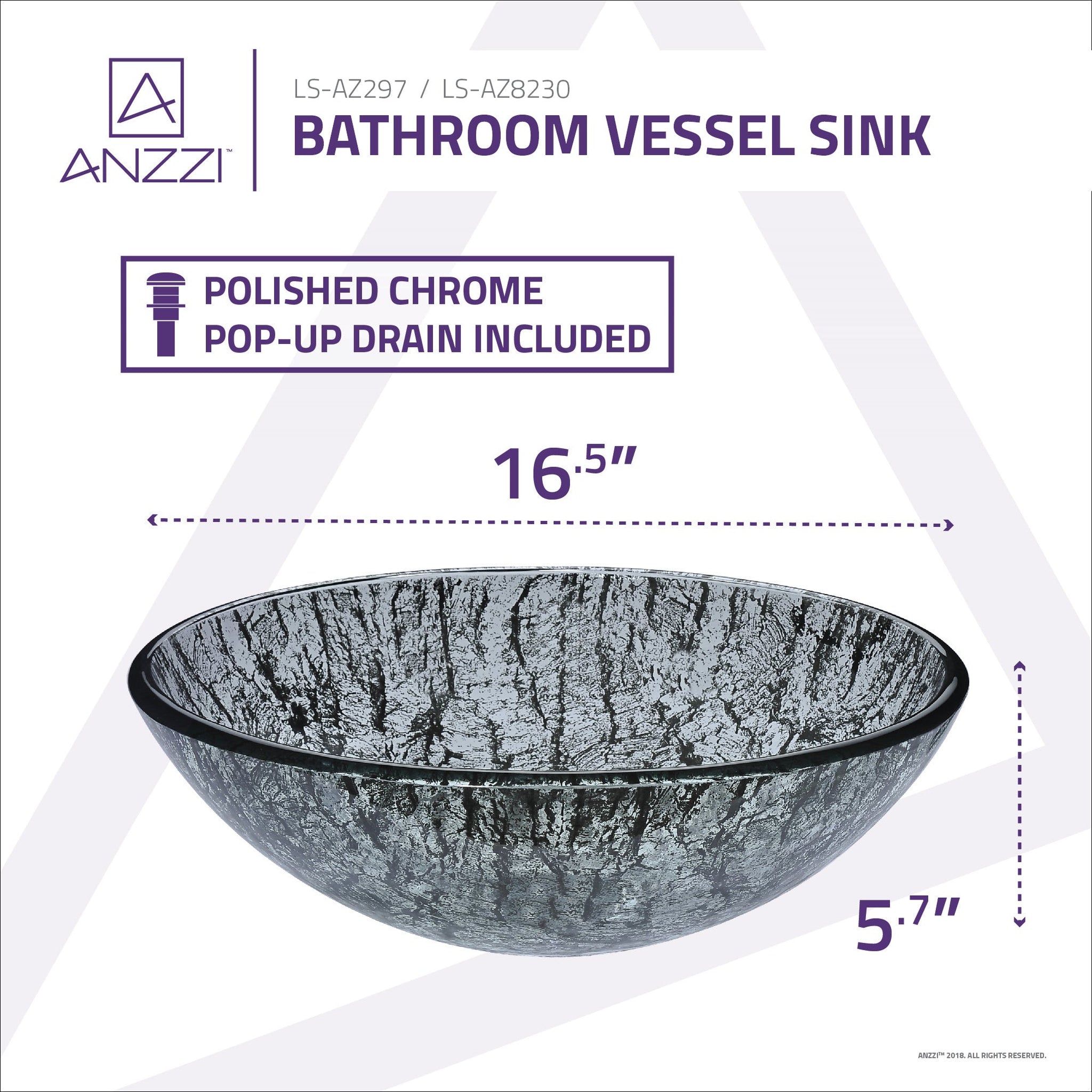 ANZZI, ANZZI Posh Series 17" x 17" Round Verdure Silver Deco-Glass Vessel Sink With Polished Chrome Pop-Up Drain