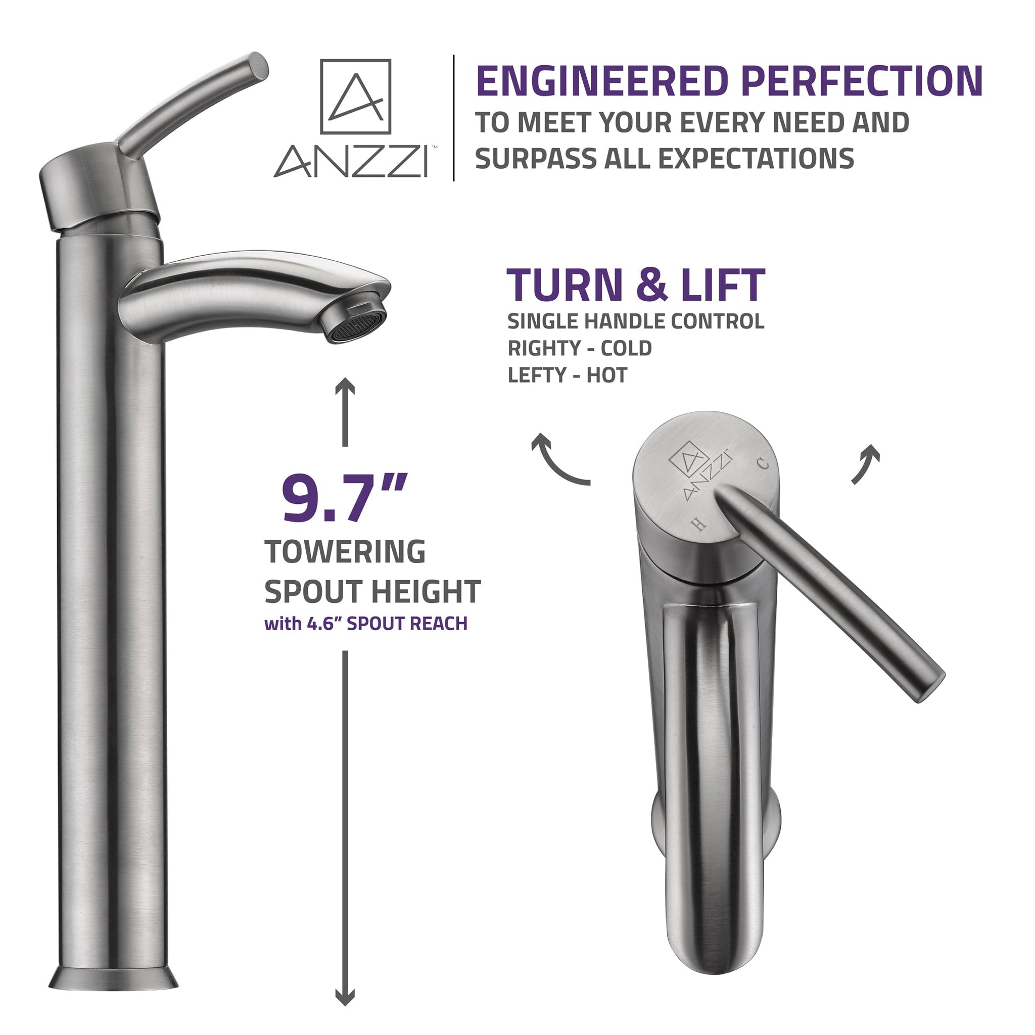 ANZZI, ANZZI Quartet Series 10" Single Hole Brushed Nickel Bathroom Sink Faucet