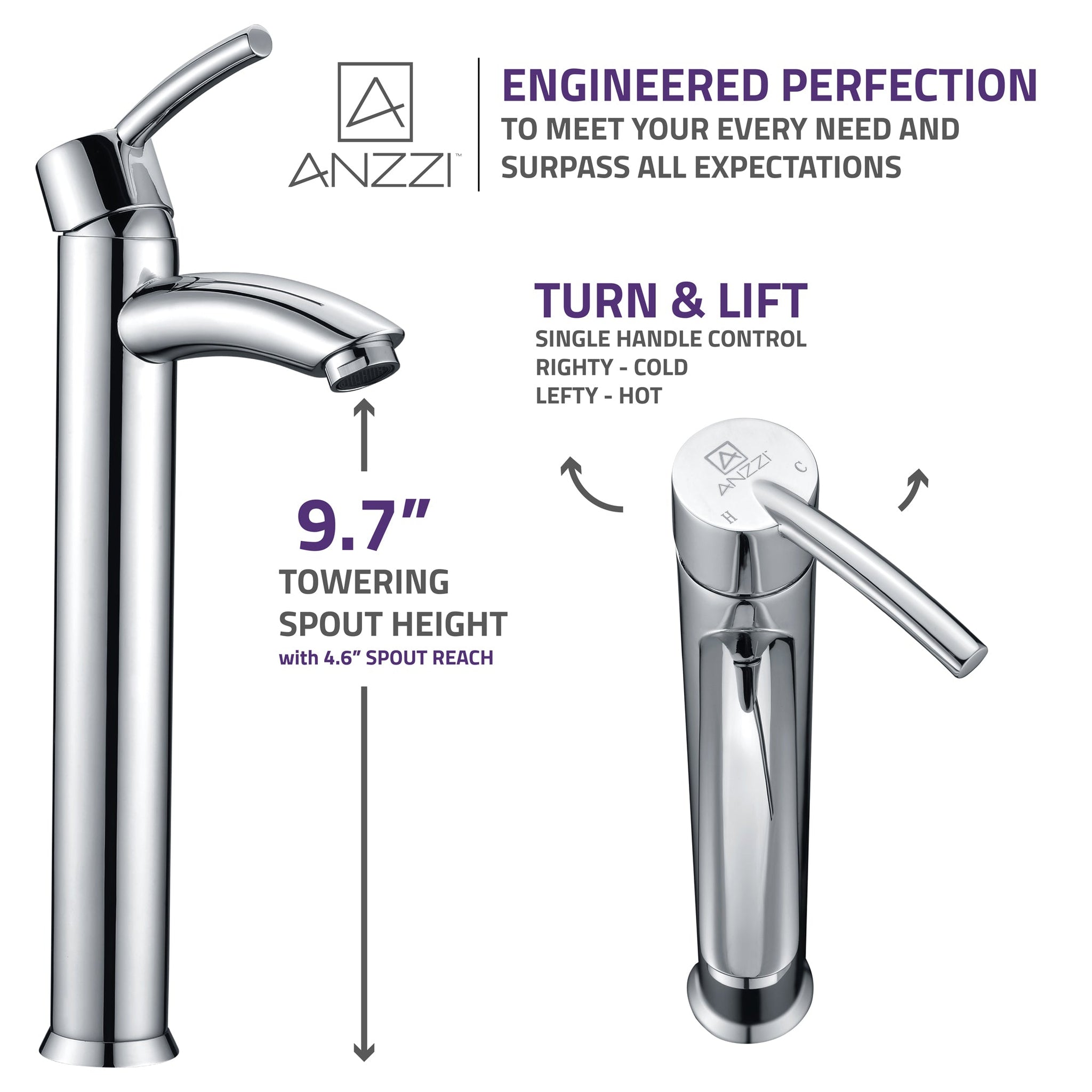 ANZZI, ANZZI Quartet Series 10" Single Hole Polished Chrome Bathroom Sink Faucet