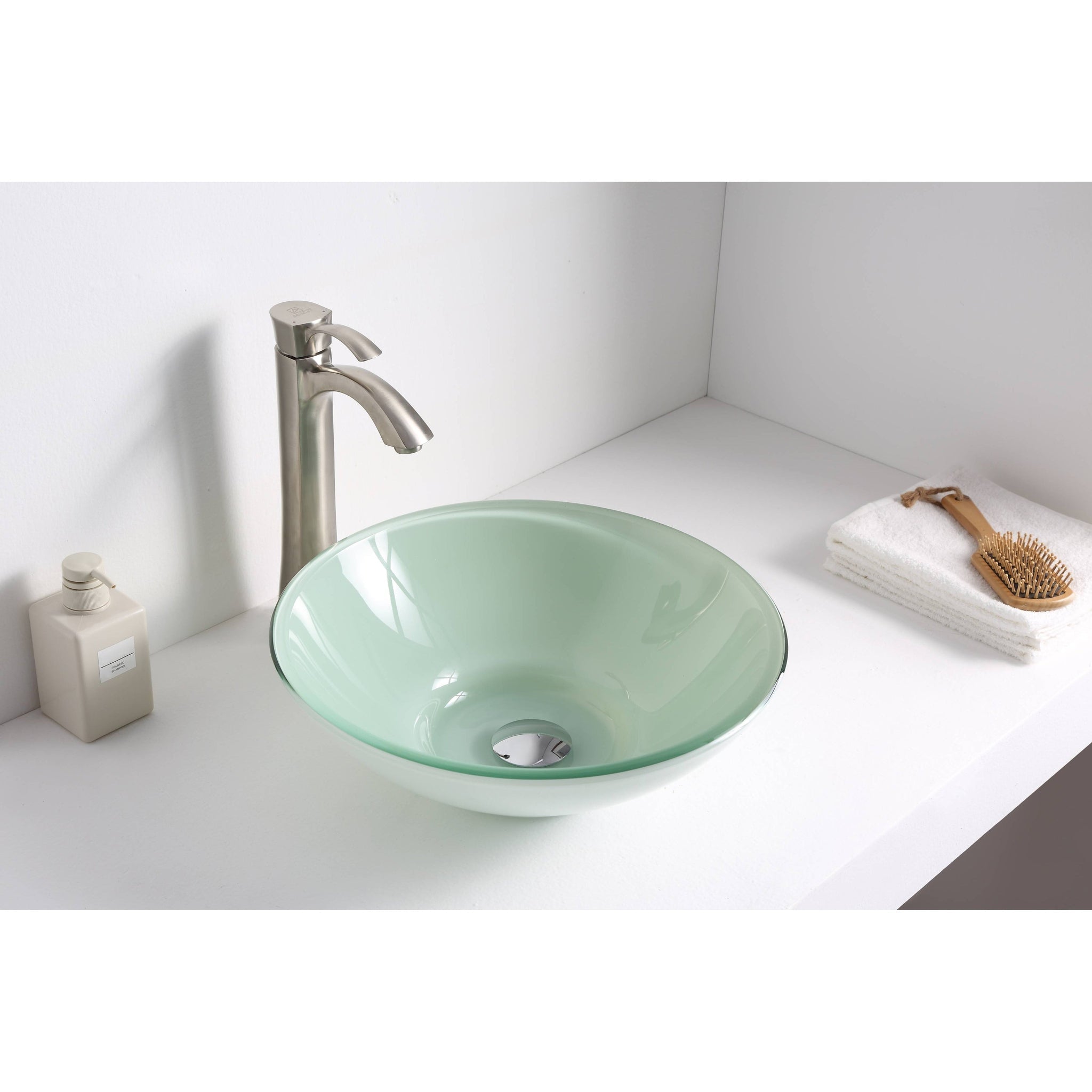 ANZZI, ANZZI Raider Series 16" x 16" Round Lustrous Light Green Deco-Glass Vessel Sink With Polished Chrome Pop-Up Drain