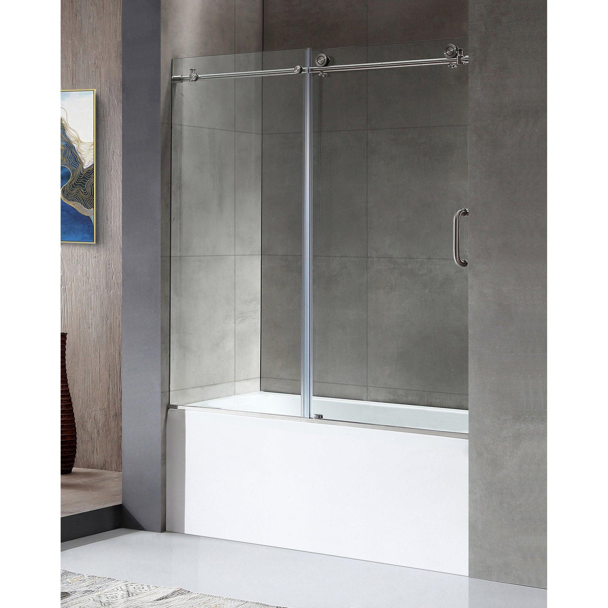 ANZZI, ANZZI Raymore Series 60" x 62" Brushed Nickel Frameless Sliding Bathtub Door With Tsunami Guard