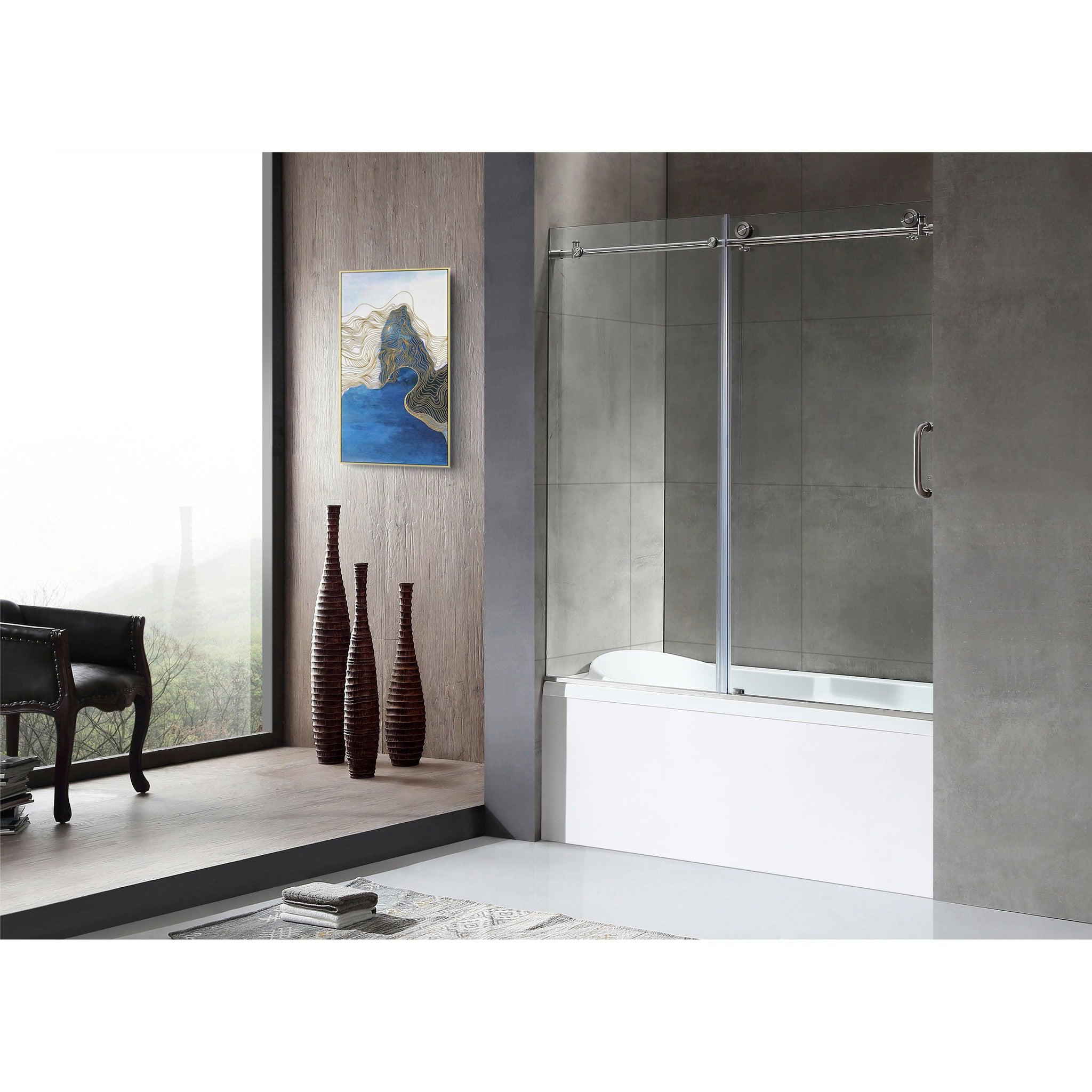 ANZZI, ANZZI Raymore Series 60" x 62" Brushed Nickel Frameless Sliding Bathtub Door With Tsunami Guard