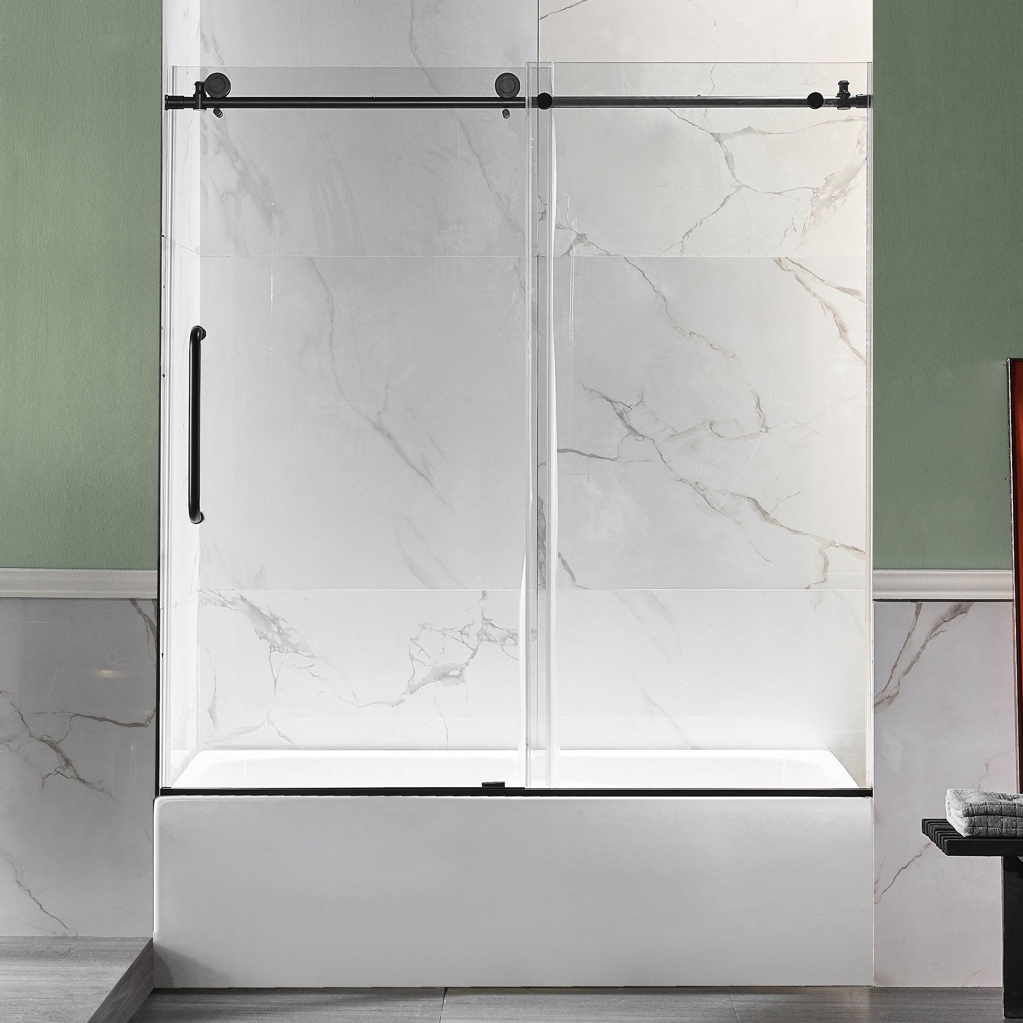 ANZZI, ANZZI Raymore Series 60" x 62" Matte Black Frameless Sliding Bathtub Door With Tsunami Guard