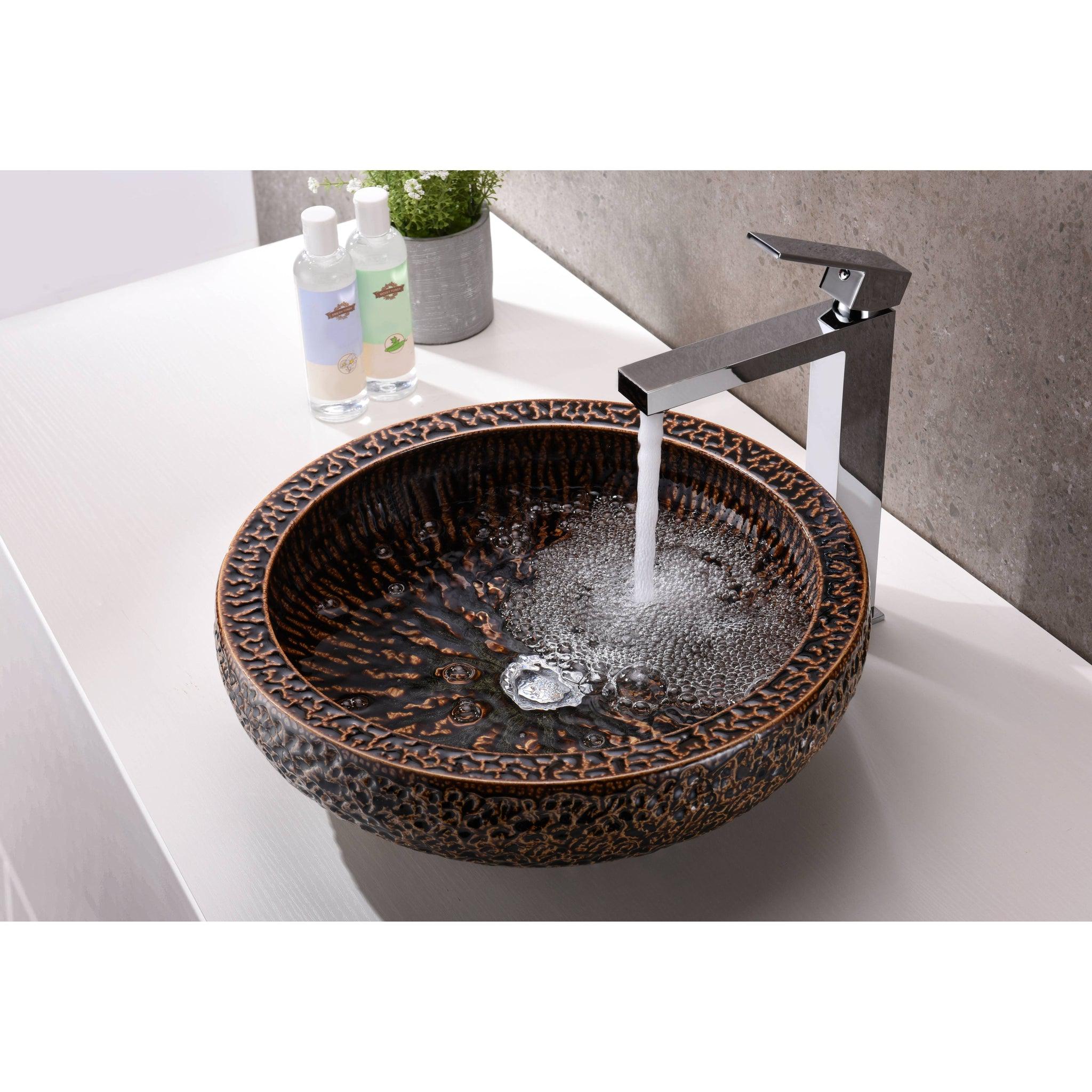 ANZZI, ANZZI Regalia Series 16" x 16" Round Speckled Umber Deco-Glass Vessel Sink With Polished Chrome Pop-Up Drain