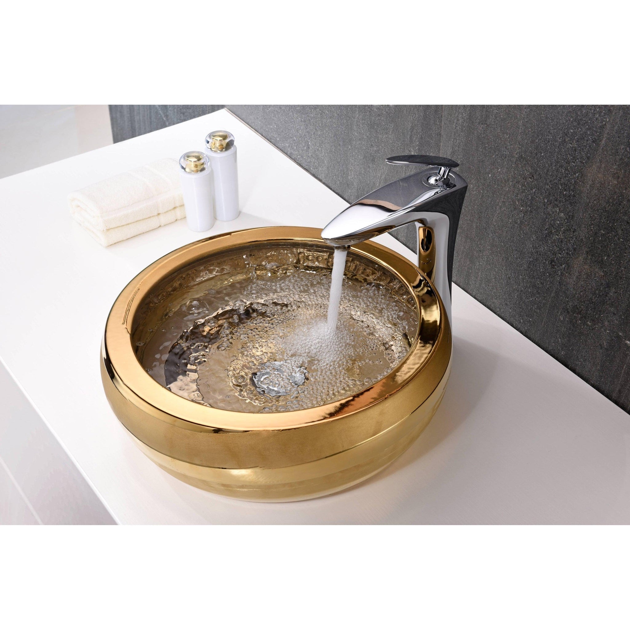 ANZZI, ANZZI Regalia Series 17" x 17" Round Smoothed Gold Deco-Glass Vessel Sink With Polished Chrome Pop-Up Drain