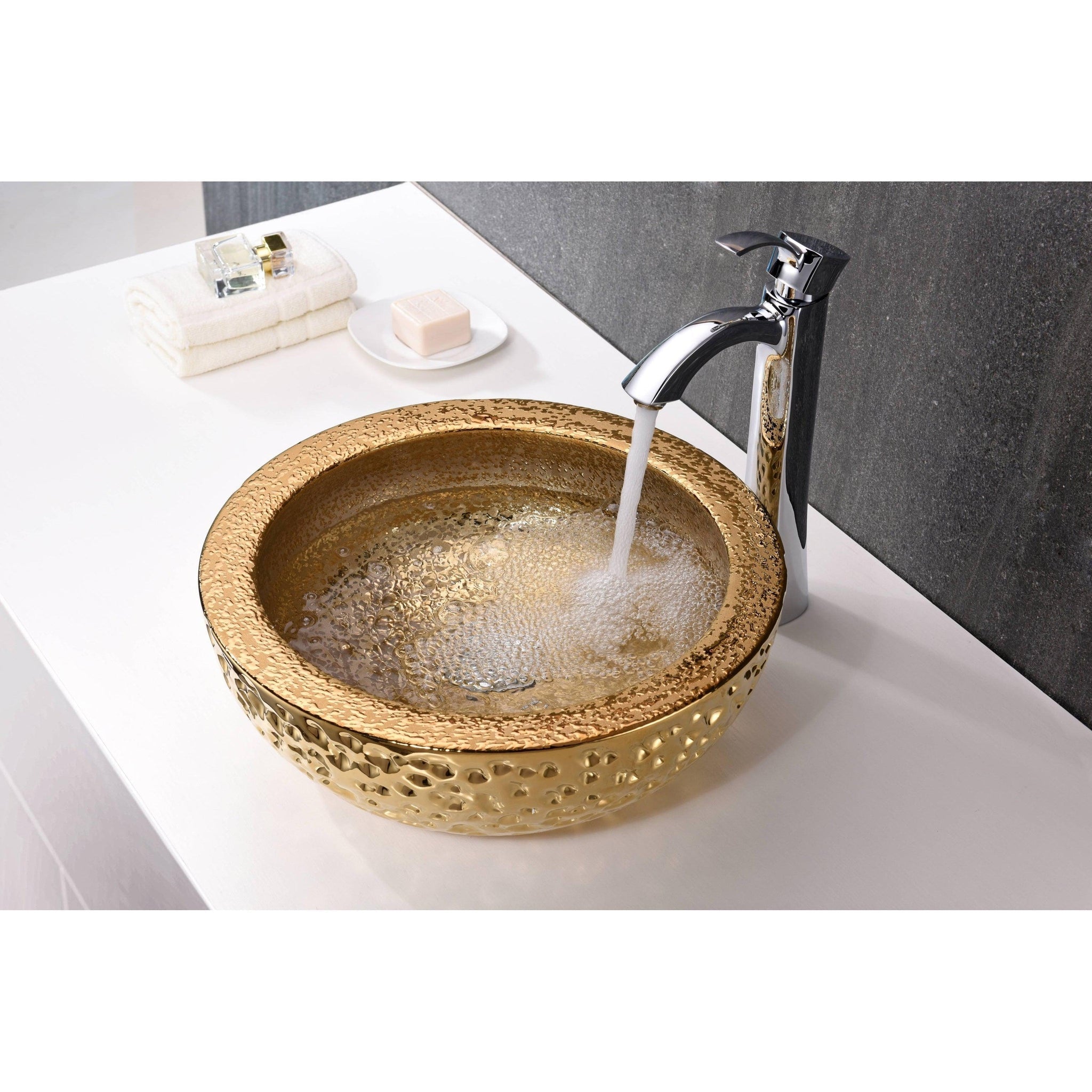 ANZZI, ANZZI Regalia Series 17" x 17" Round Speckled Gold Deco-Glass Vessel Sink With Polished Chrome Pop-Up Drain