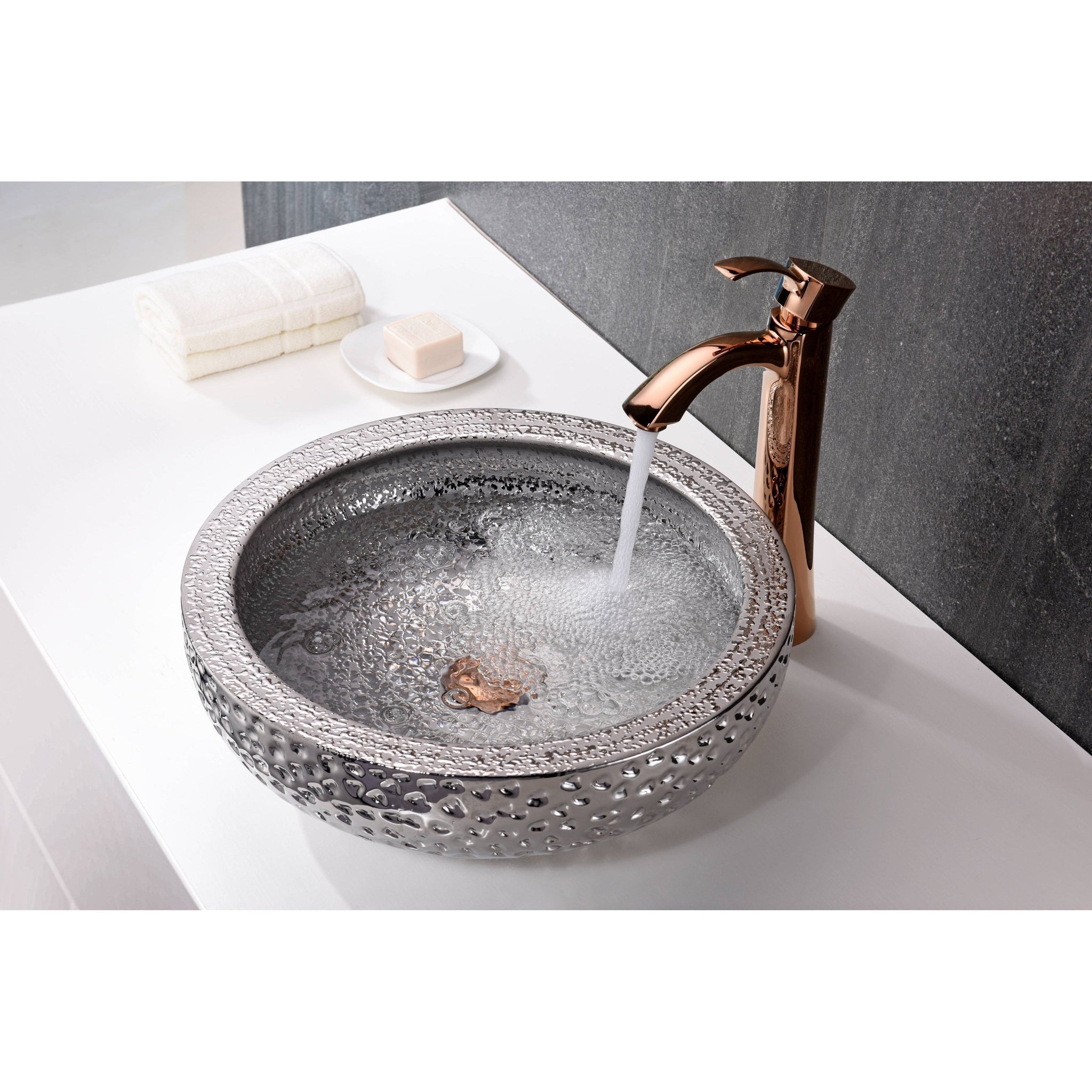 ANZZI, ANZZI Regalia Series 17" x 17" Round Speckled Silver Deco-Glass Vessel Sink With Polished Chrome Pop-Up Drain