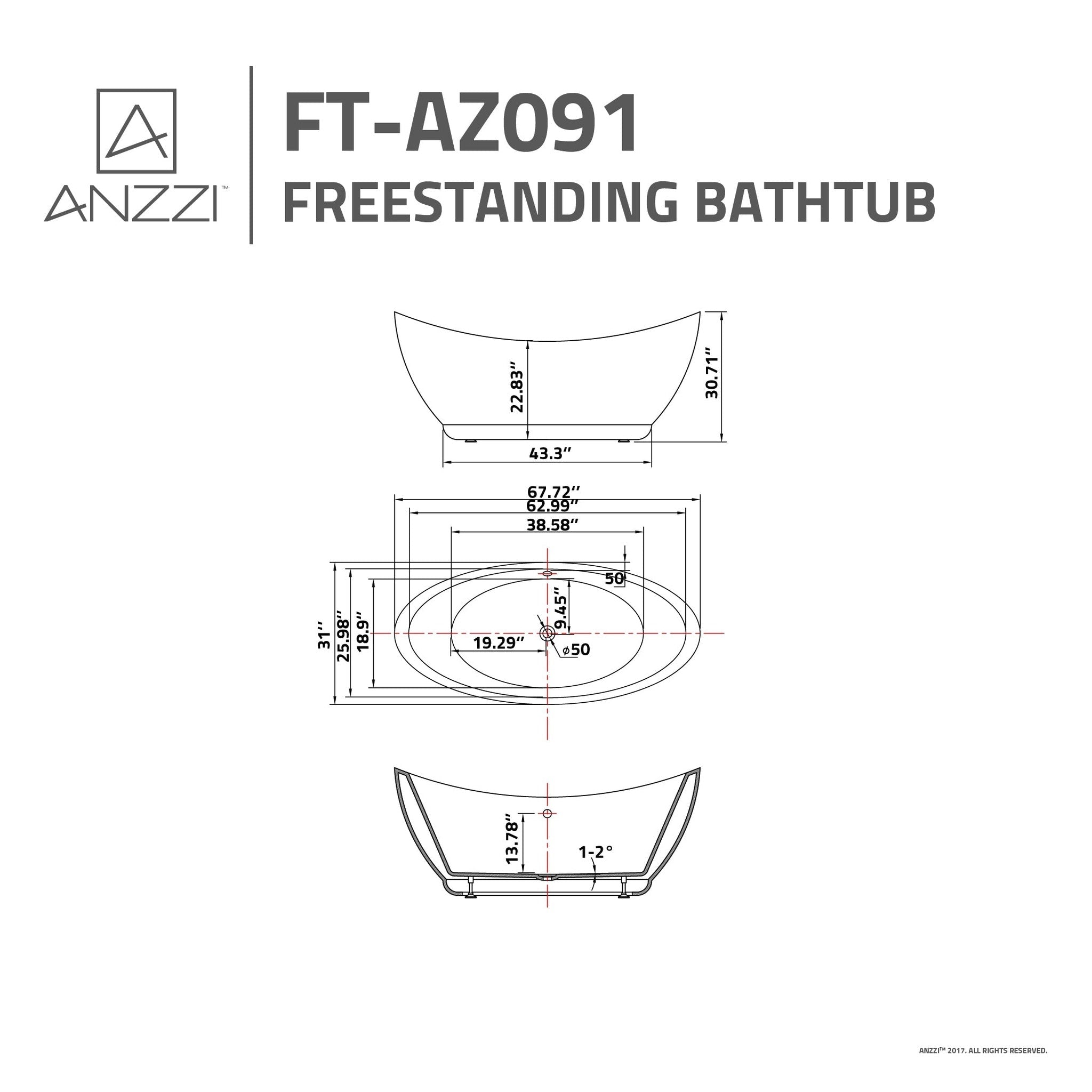 ANZZI, ANZZI Reginald Series 68" x 31" Glossy White Freestanding Bathtub With Built-In Overflow and Pop-Up Drain