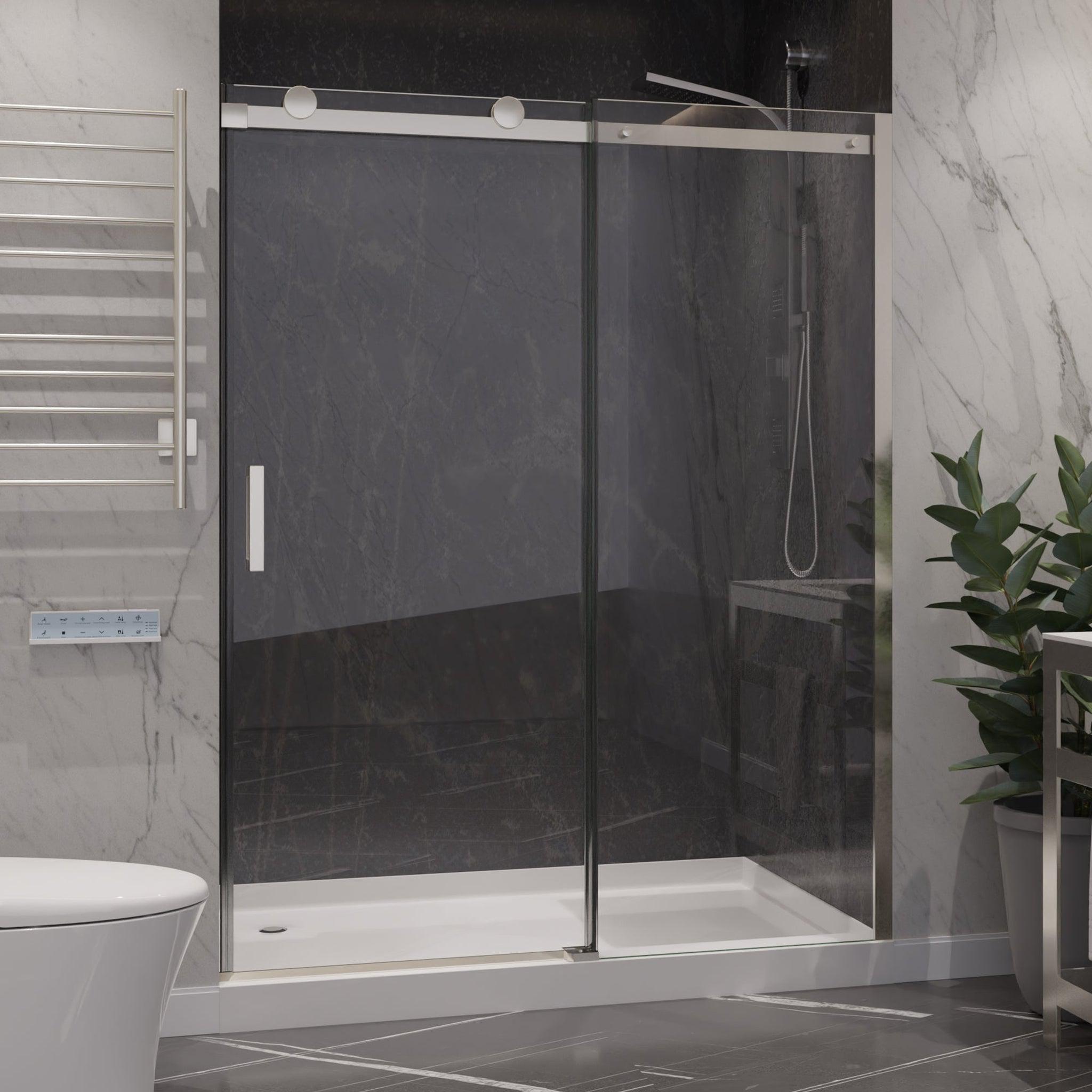 ANZZI, ANZZI Rhodes Series 48" x 76" Frameless Rectangular Brushed Nickel Sliding Shower Door With Handle Tsunami Guard