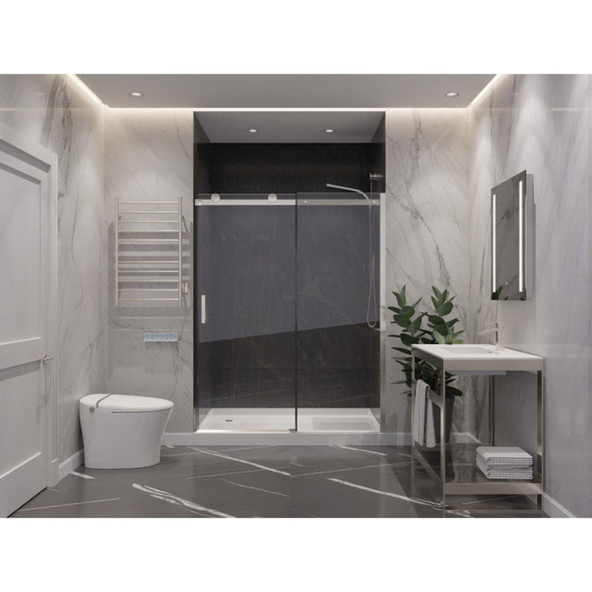 ANZZI, ANZZI Rhodes Series 60" x 76" Frameless Rectangular Brushed Nickel Sliding Shower Door With Handle and Tsunami Guard