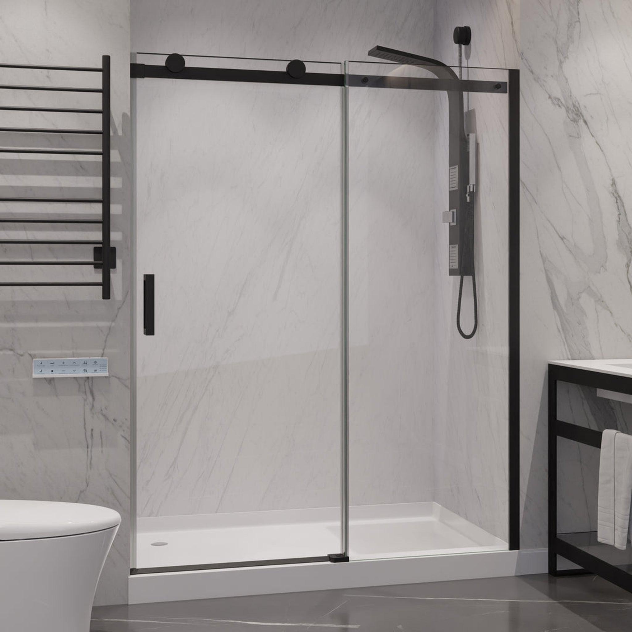 ANZZI, ANZZI Rhodes Series 60" x 76" Frameless Rectangular Matte Black Sliding Shower Door With Handle and Tsunami Guard