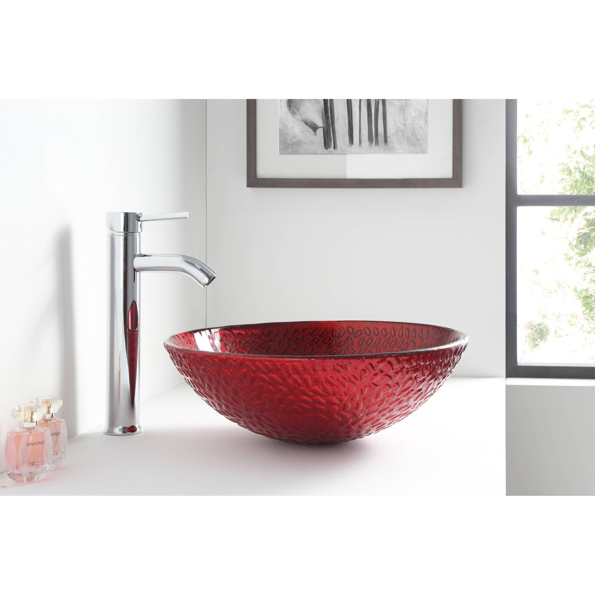 ANZZI, ANZZI Rhythm Series 17" x 17" Round Lustrous Red Deco-Glass Vessel Sink With Polished Chrome Pop-Up Drain