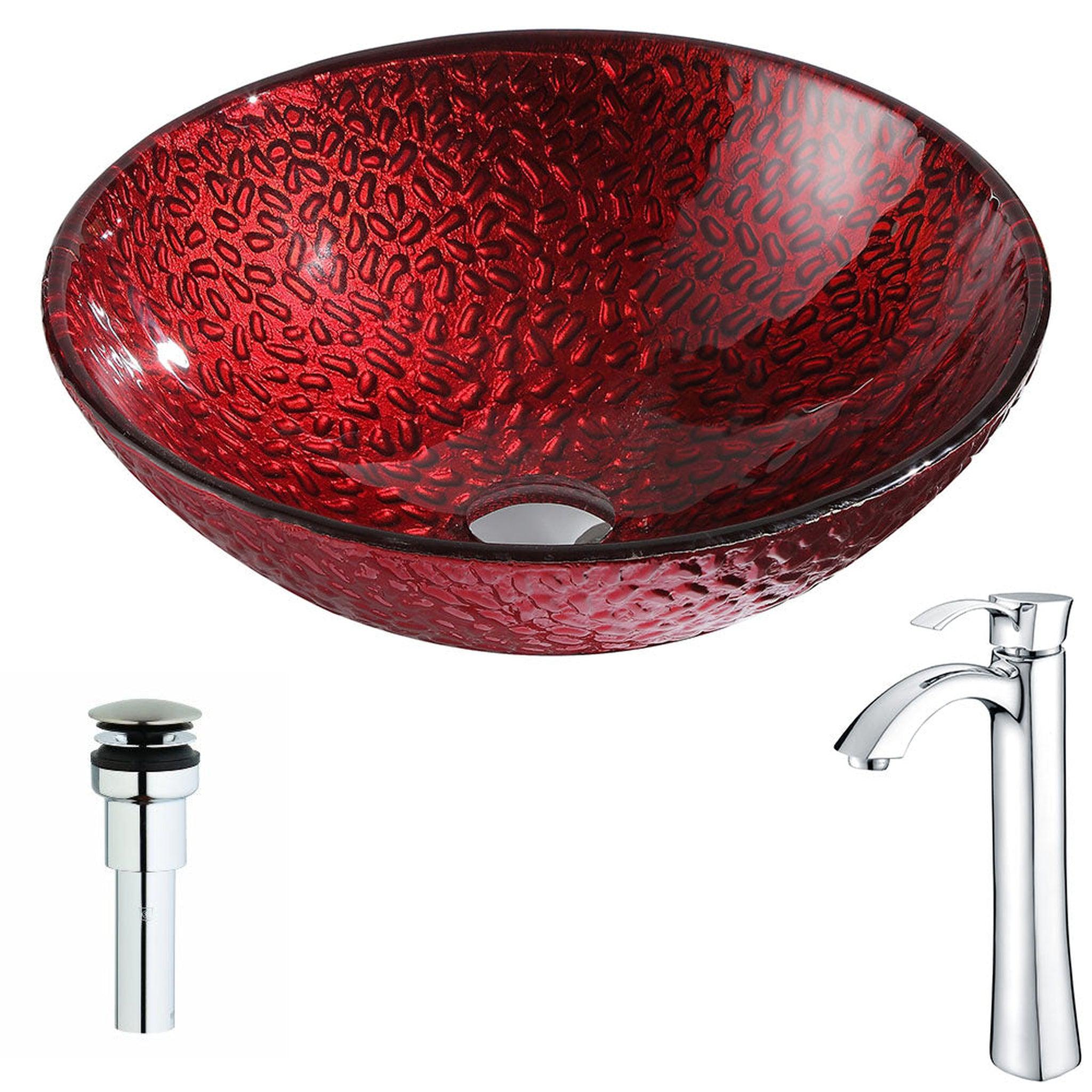 ANZZI, ANZZI Rhythm Series 17" x 17" Round Lustrous Red Deco-Glass Vessel Sink With Polished Chrome Pop-Up Drain and Brushed Nickel Enti Faucet