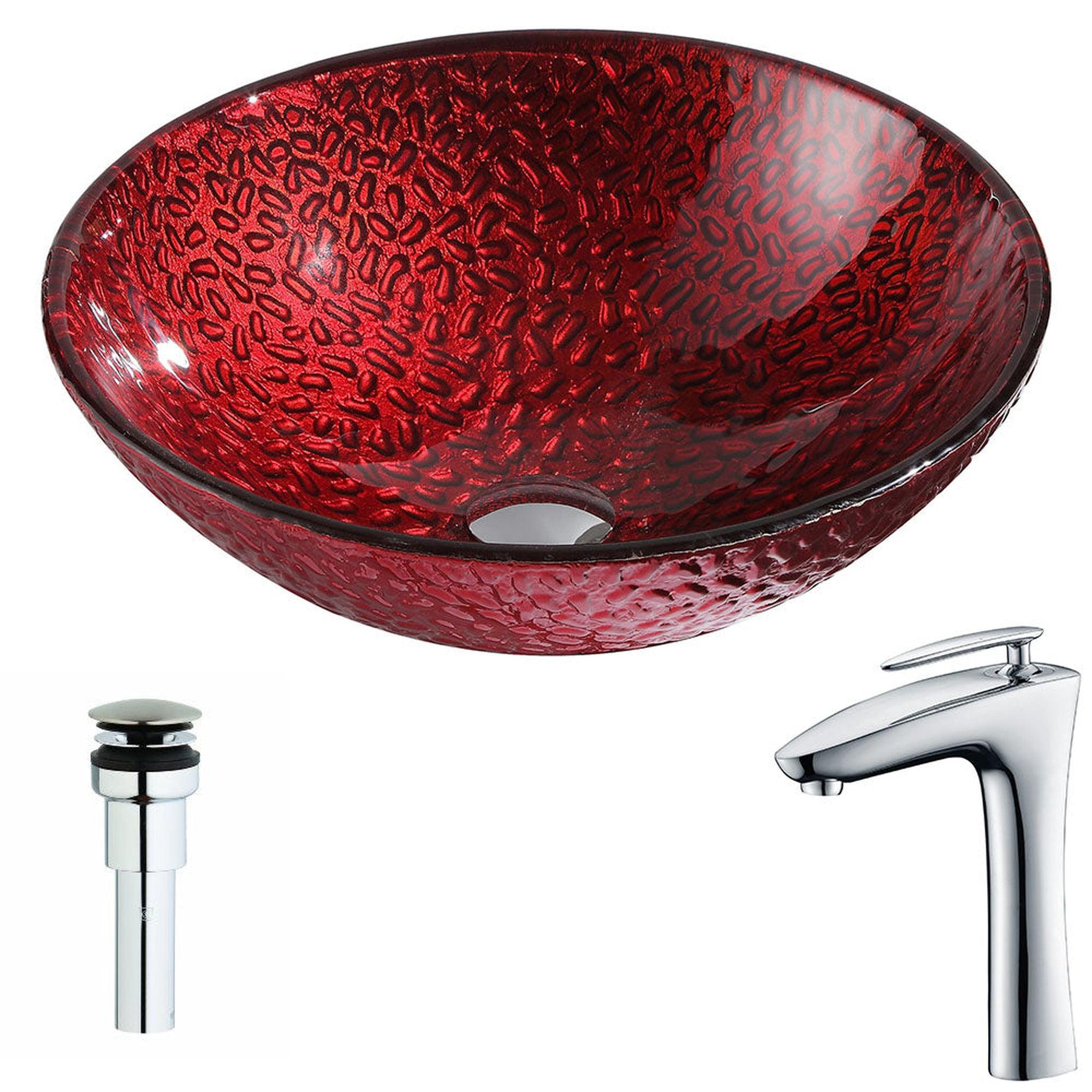 ANZZI, ANZZI Rhythm Series 17" x 17" Round Lustrous Red Deco-Glass Vessel Sink With Polished Chrome Pop-Up Drain and Fann Faucet