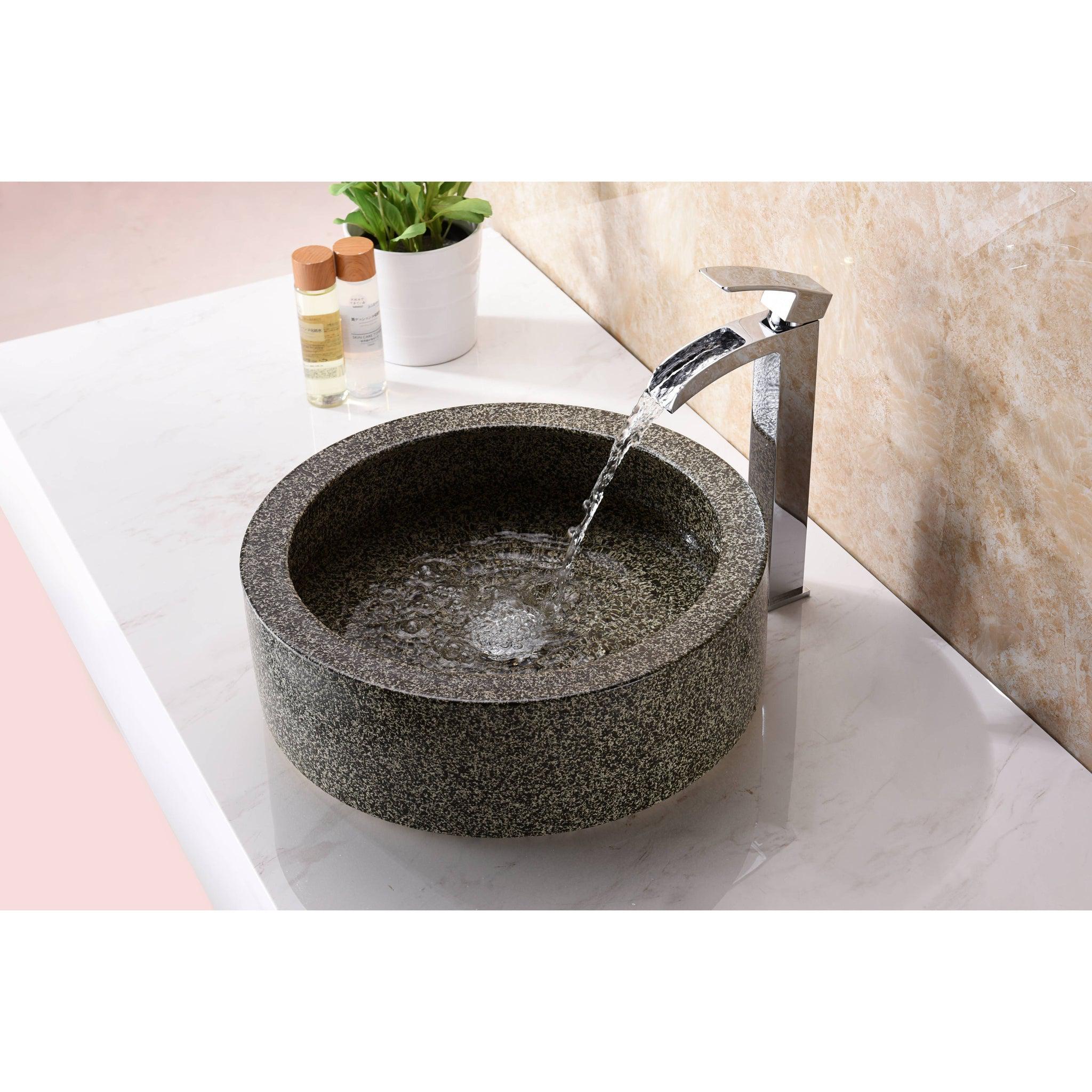 ANZZI, ANZZI Samauga Series 17" x 17" Round Speckled Stone Deco-Glass Vessel Sink With Polished Chrome Pop-Up Drain