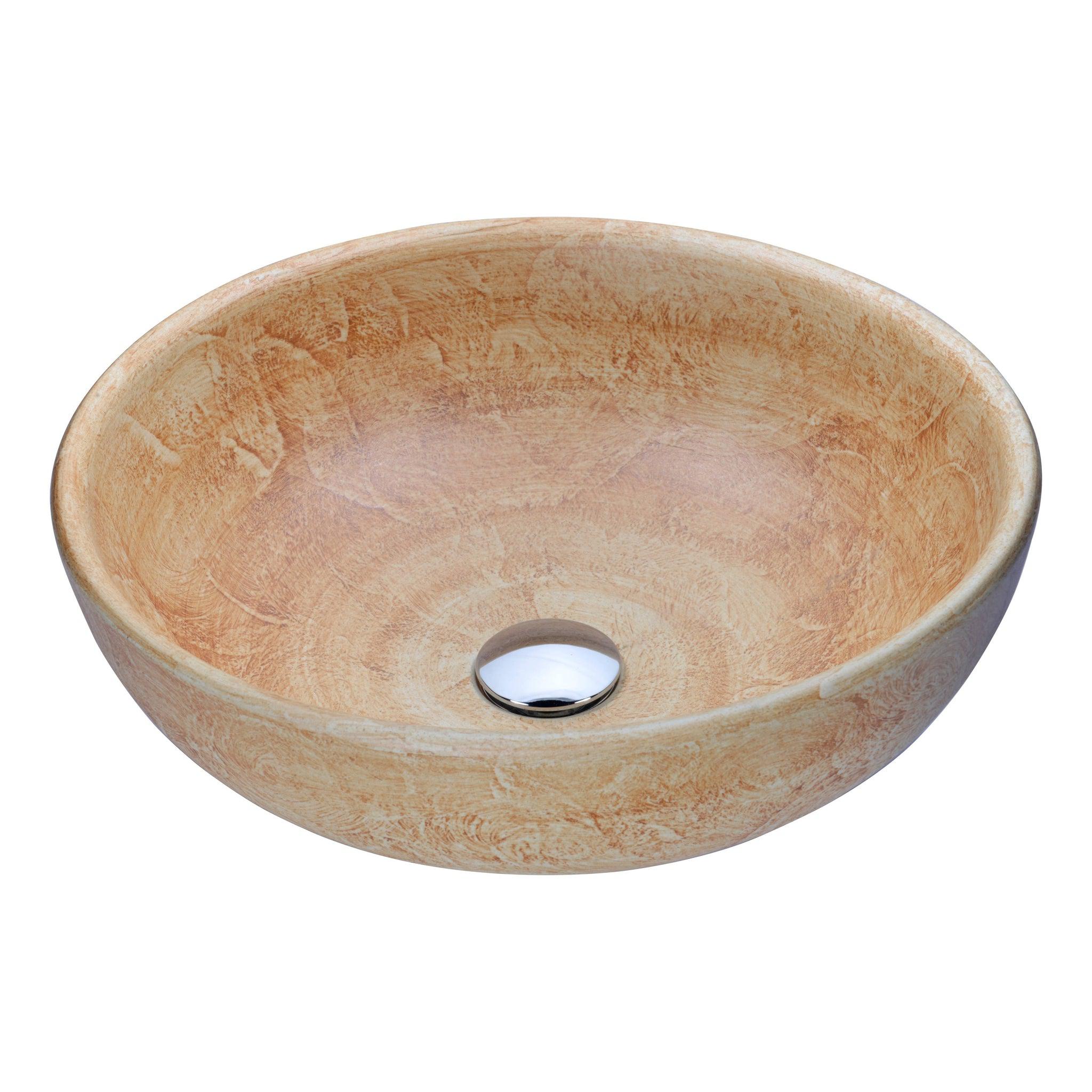 ANZZI, ANZZI Sataua Series 16" x 16" Round Creamy Beige Deco-Glass Vessel Sink With Polished Chrome Pop-Up Drain