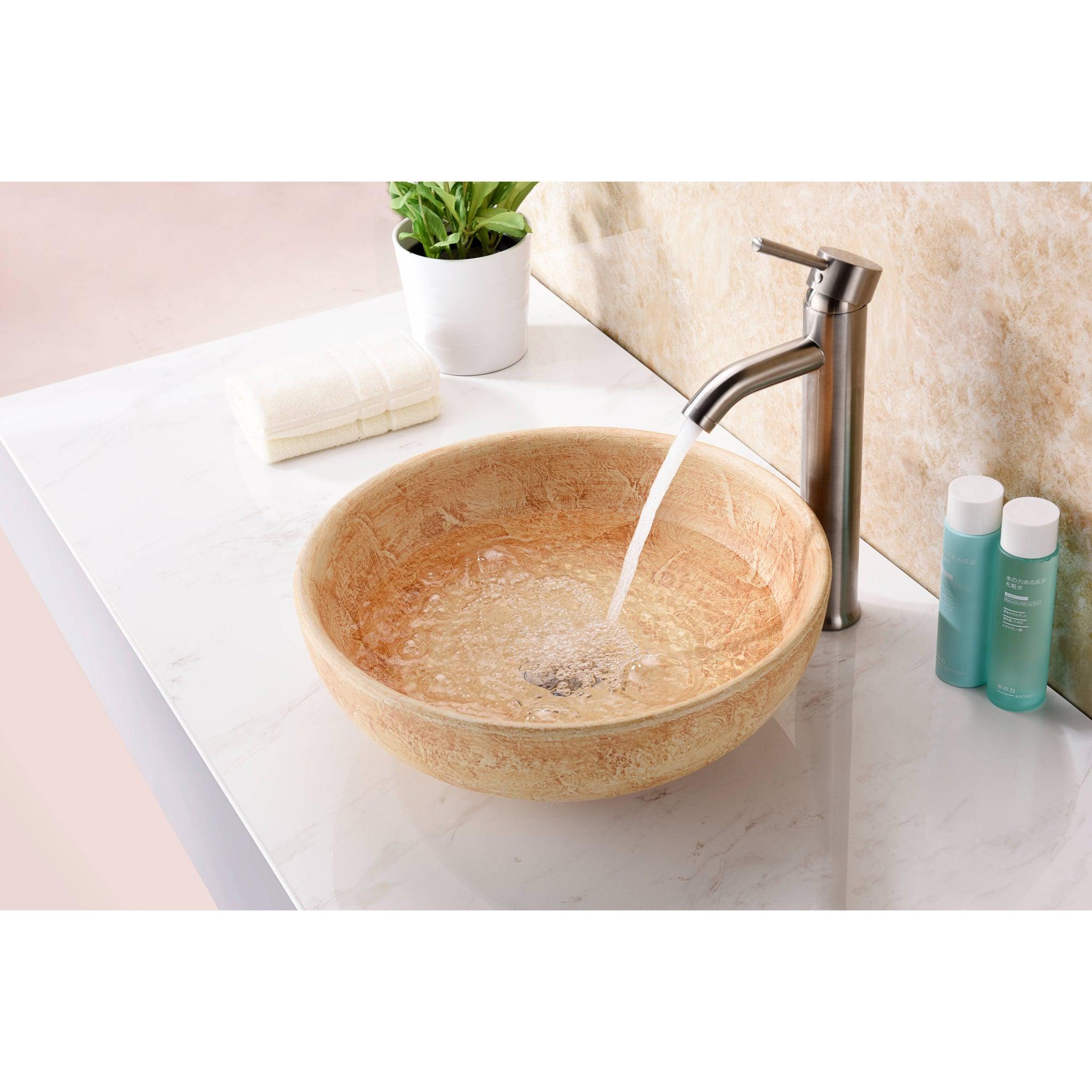 ANZZI, ANZZI Sataua Series 16" x 16" Round Creamy Beige Deco-Glass Vessel Sink With Polished Chrome Pop-Up Drain