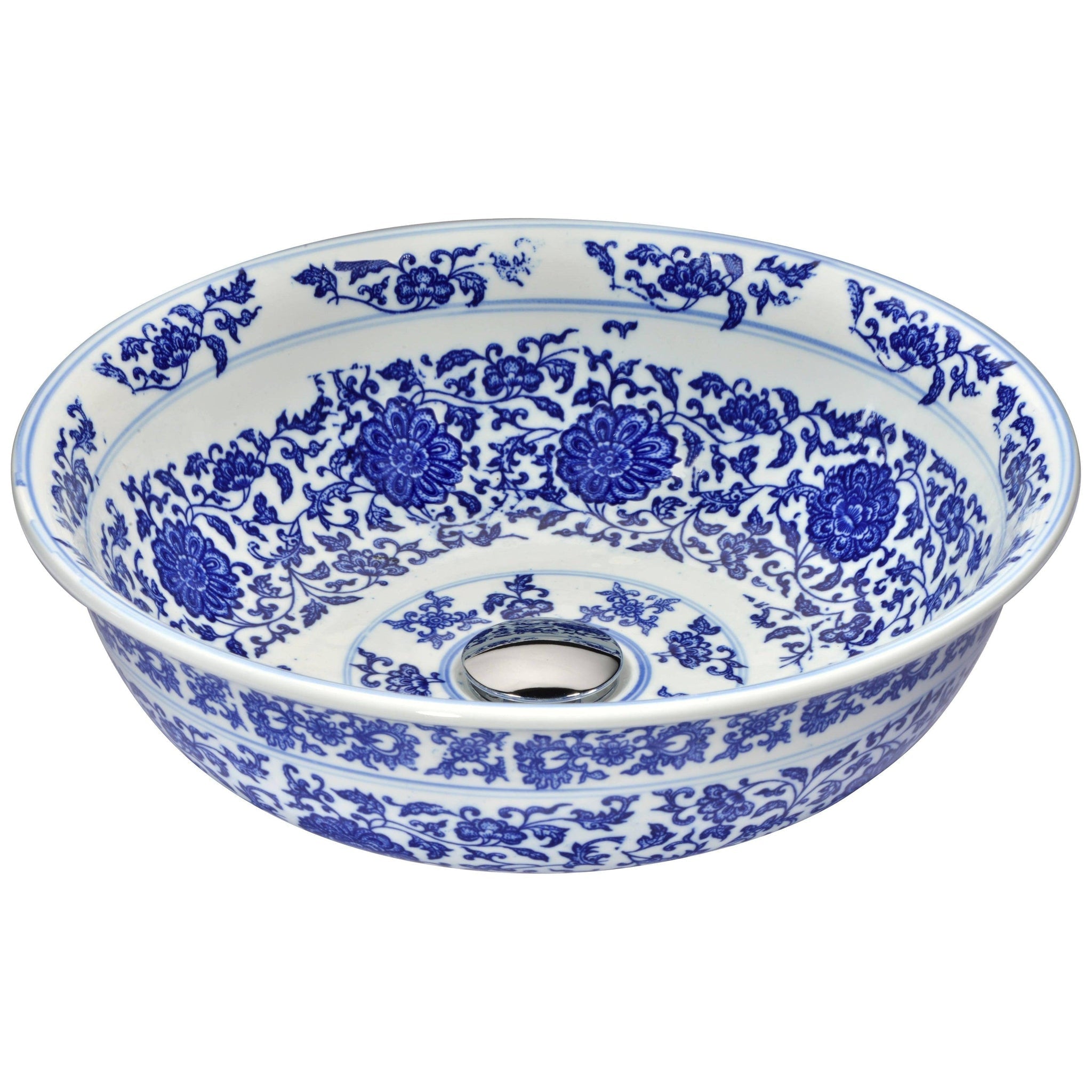 ANZZI, ANZZI Satui Series 16" x 16" Round Dark Blue Décor White Deco-Glass Vessel Sink With Polished Chrome Pop-Up Drain