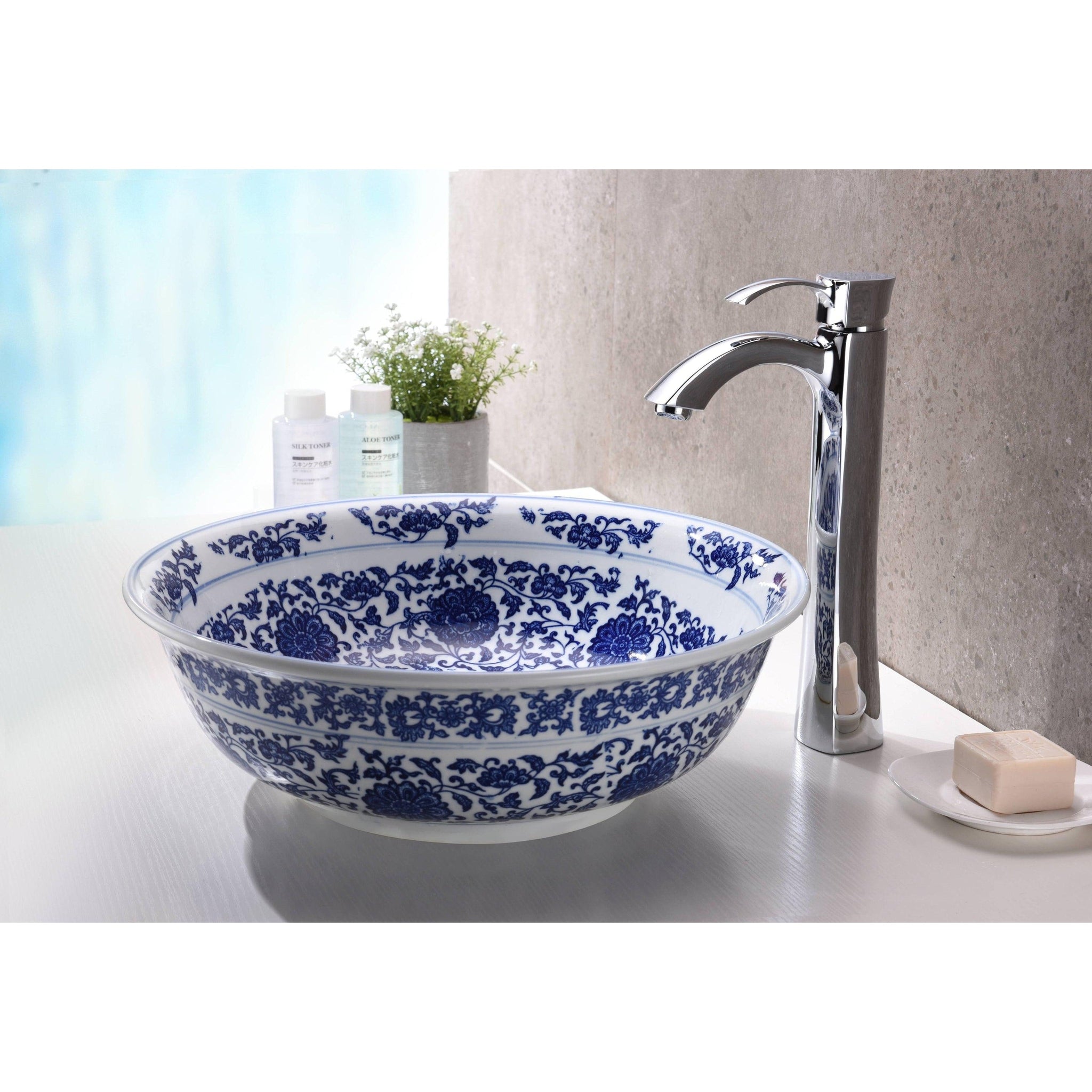 ANZZI, ANZZI Satui Series 16" x 16" Round Dark Blue Décor White Deco-Glass Vessel Sink With Polished Chrome Pop-Up Drain