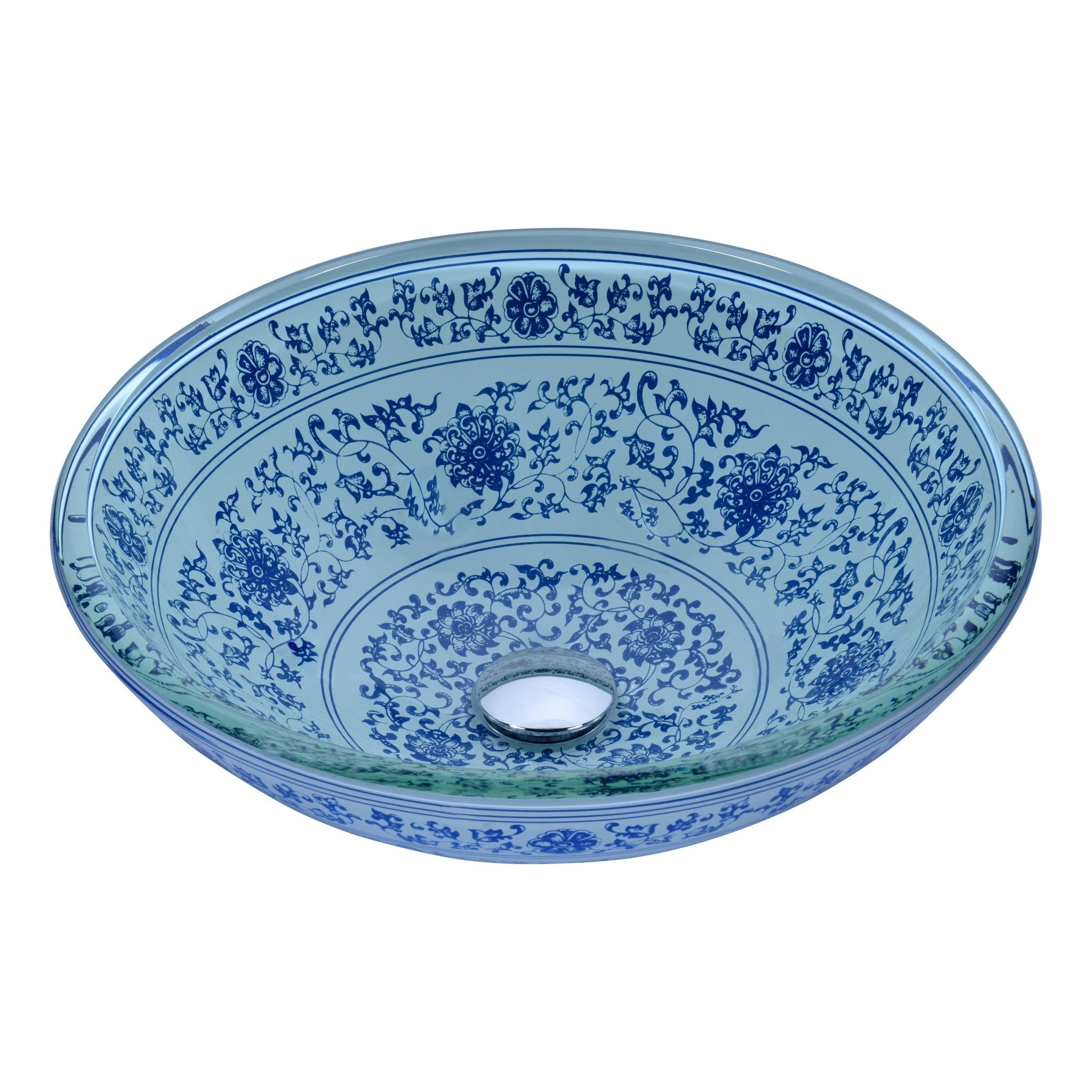 ANZZI, ANZZI Satui Series 17" x 17" Round Blue Décor White Deco-Glass Vessel Sink With Polished Chrome Pop-Up Drain