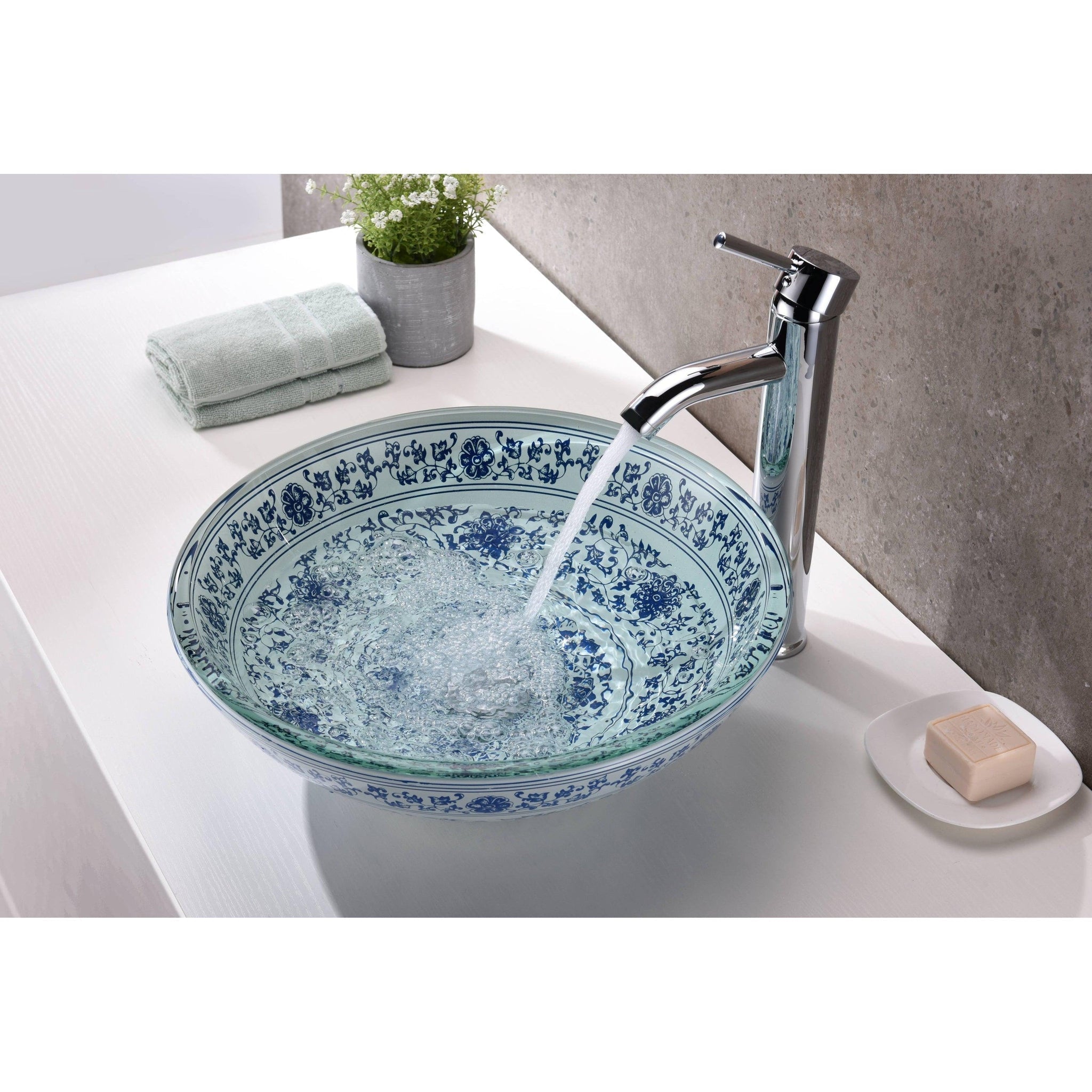 ANZZI, ANZZI Satui Series 17" x 17" Round Blue Décor White Deco-Glass Vessel Sink With Polished Chrome Pop-Up Drain