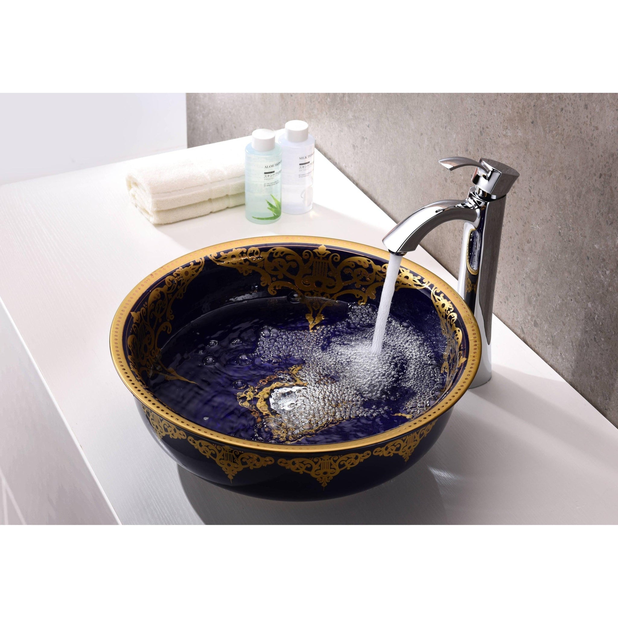 ANZZI, ANZZI Sauano Series 17" x 17" Round Royal Blue Deco-Glass Vessel Sink With Polished Chrome Pop-Up Drain