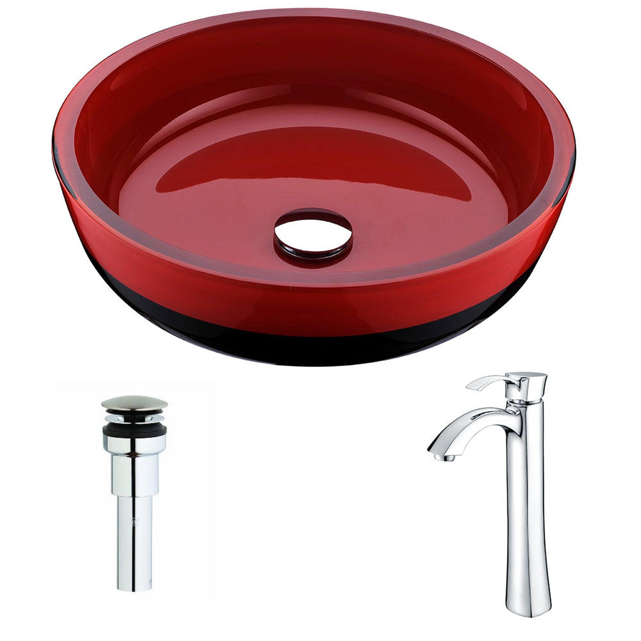 ANZZI, ANZZI Schnell Series 17" x 17" Cylinder Shape Lustrous Red and Black Deco-Glass Vessel Sink With Chrome Pop-Up Drain and Harmony Faucet