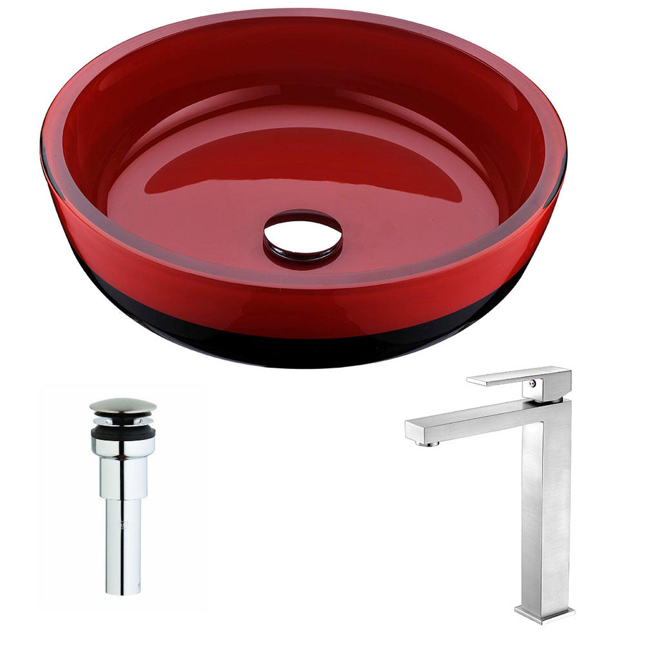 ANZZI, ANZZI Schnell Series 17" x 17" Cylinder Shape Lustrous Red and Black Vessel Sink With Chrome Pop-Up Drain and Brushed Nickel Enti Faucet