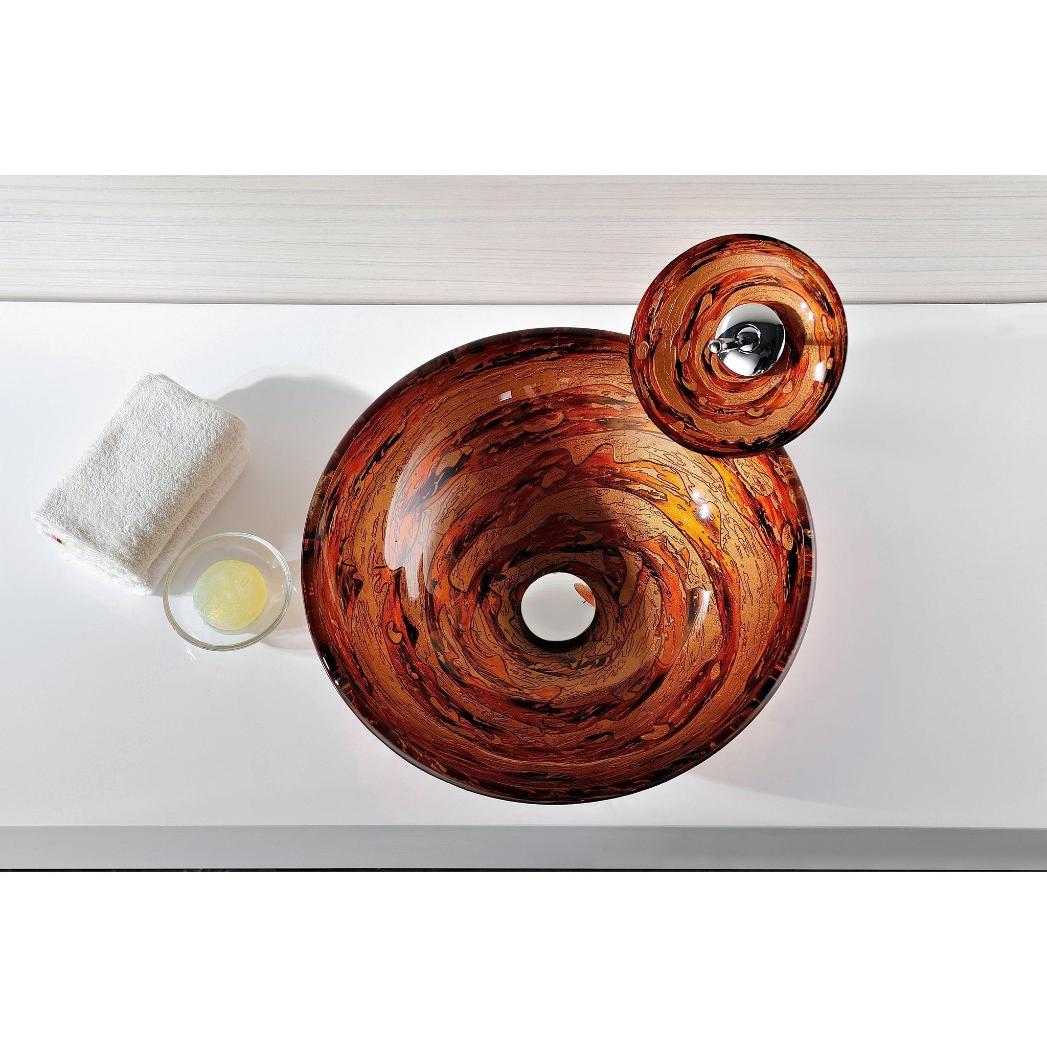 ANZZI, ANZZI Stanza Series 17" x 17" Round Lustrous Brown Deco-Glass Vessel Sink With Polished Chrome Pop-Up Drain and Lustrous Brown Faucet