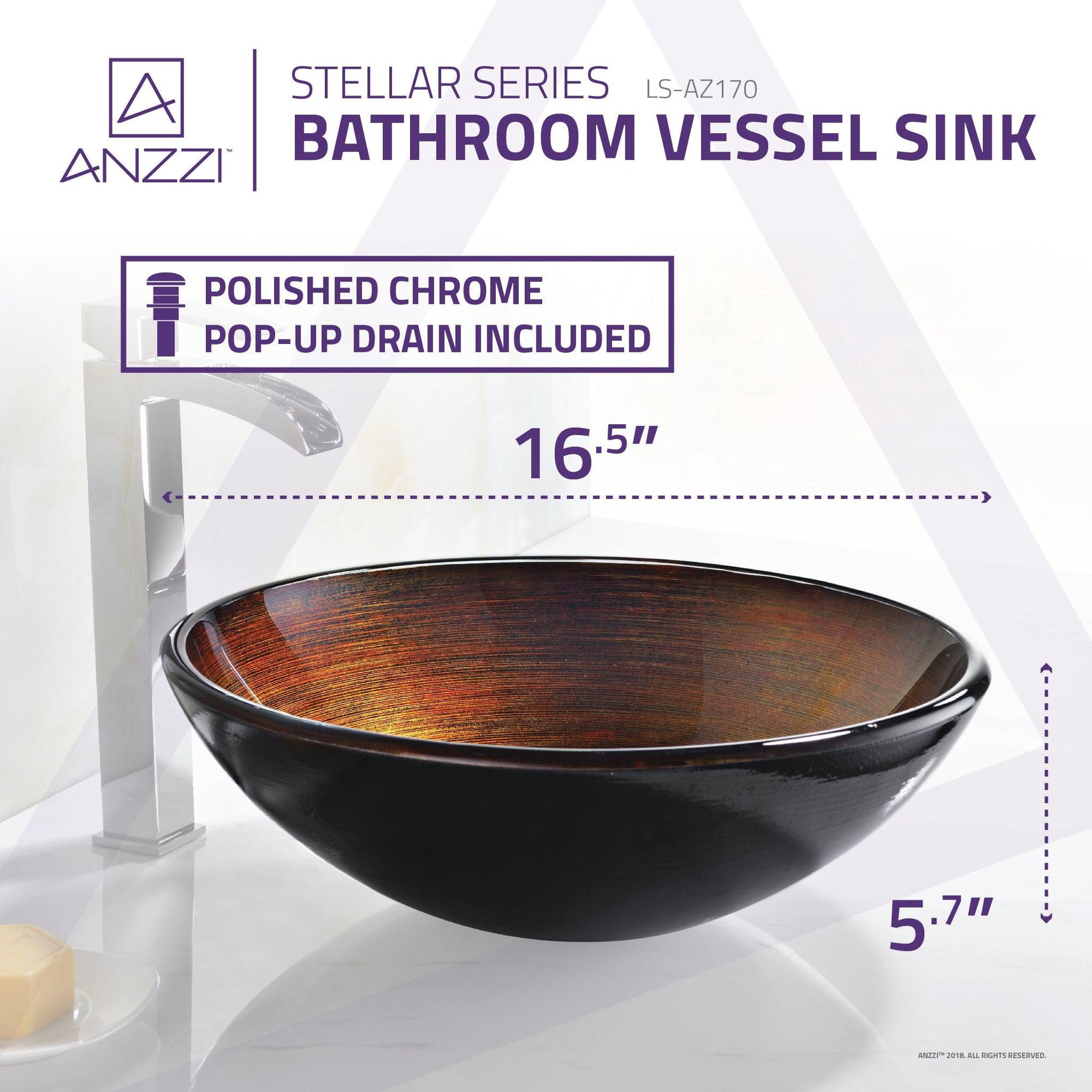 ANZZI, ANZZI Stellar Series 17" x 17" Round Amber Storm Deco-Glass Vessel Sink With Polished Chrome Pop-Up Drain