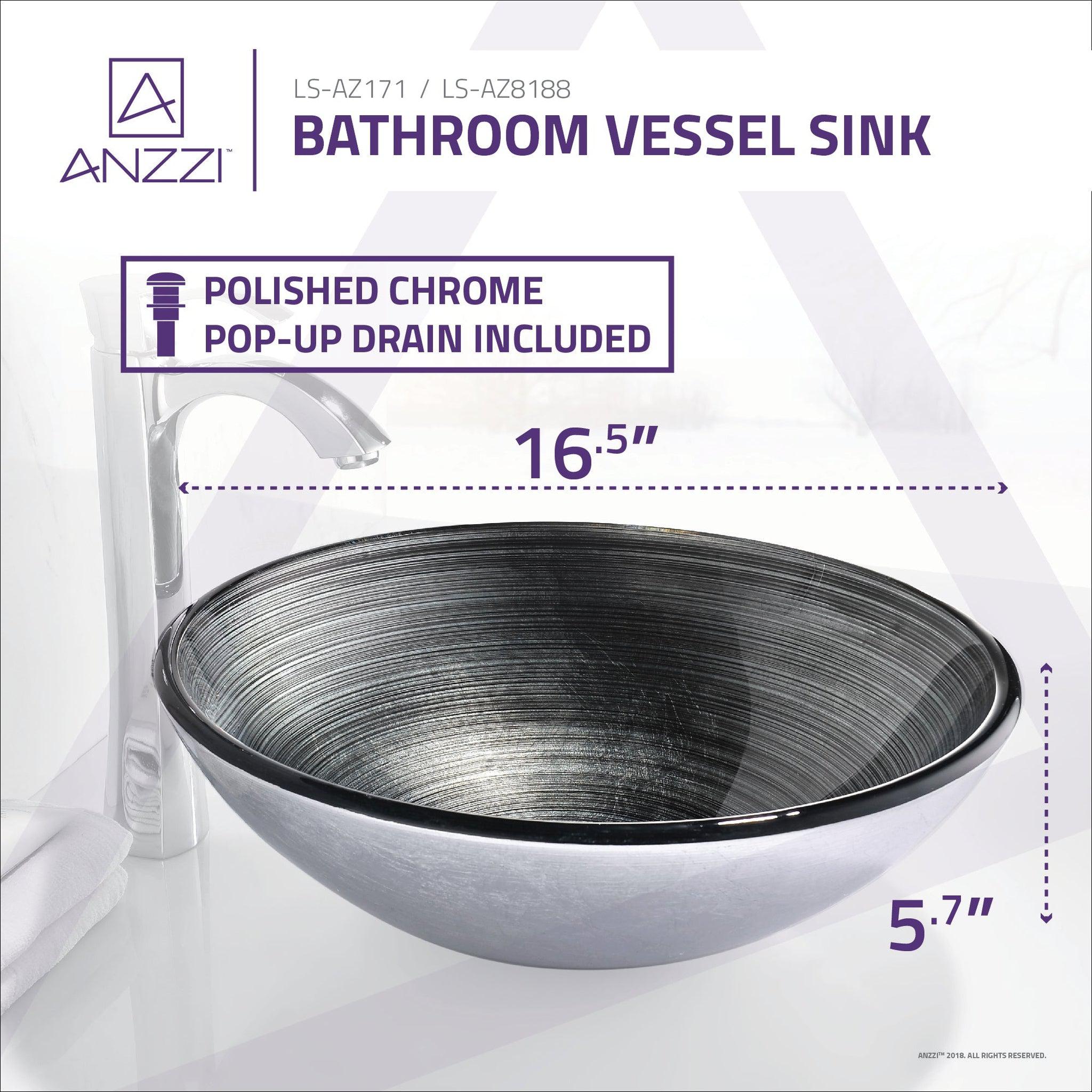 ANZZI, ANZZI Stellar Series 17" x 17" Round Precious Storm Deco-Glass Vessel Sink With Polished Chrome Pop-Up Drain