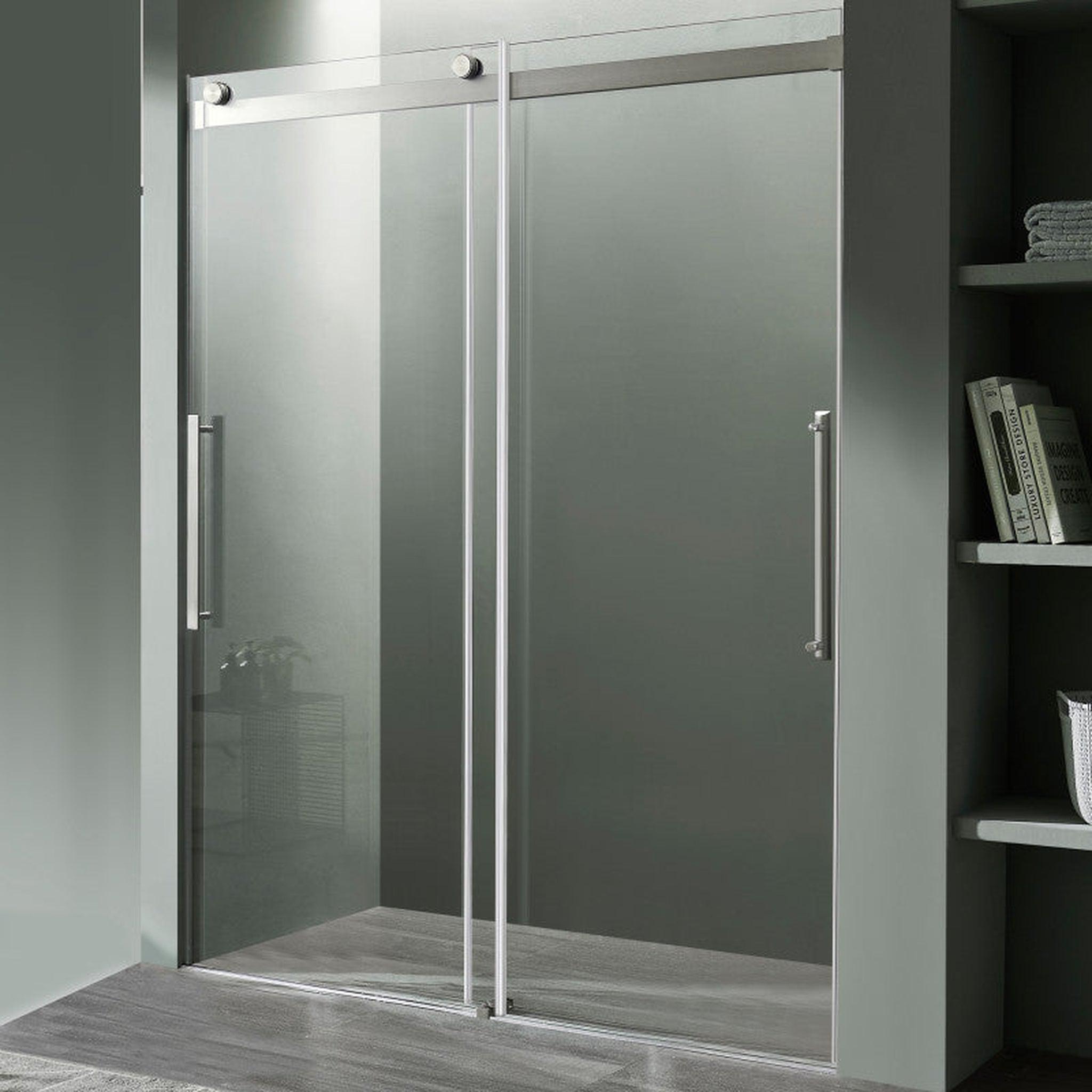 ANZZI, ANZZI Stellar Series 48" x 76" Frameless Rectangular Brushed Nickel Sliding Shower Door With Handle and Tsunami Guard