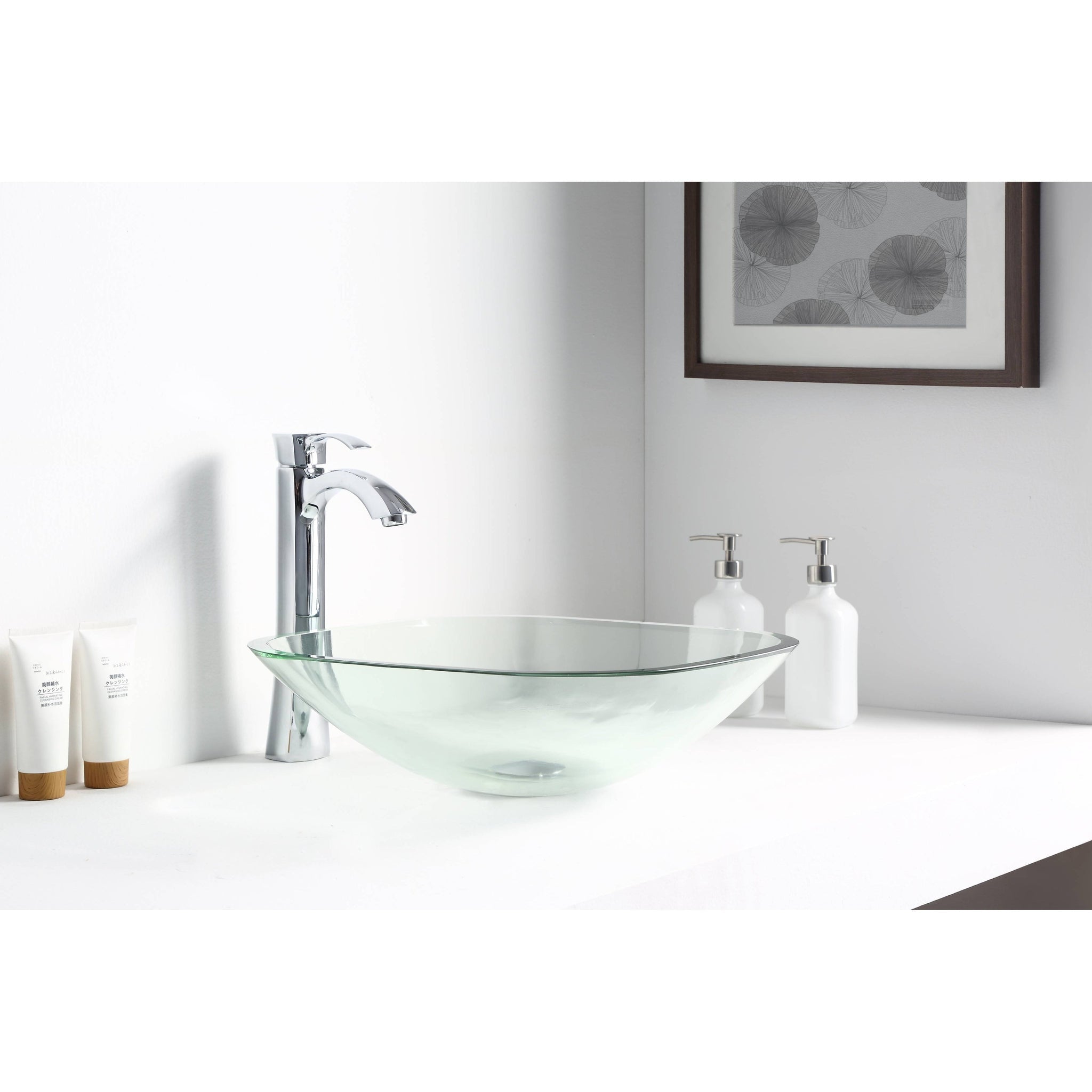 ANZZI, ANZZI Story Series 17" x 17" Square Shaped Lustrous Clear Deco-Glass Vessel Sink With Polished Chrome Pop-Up Drain