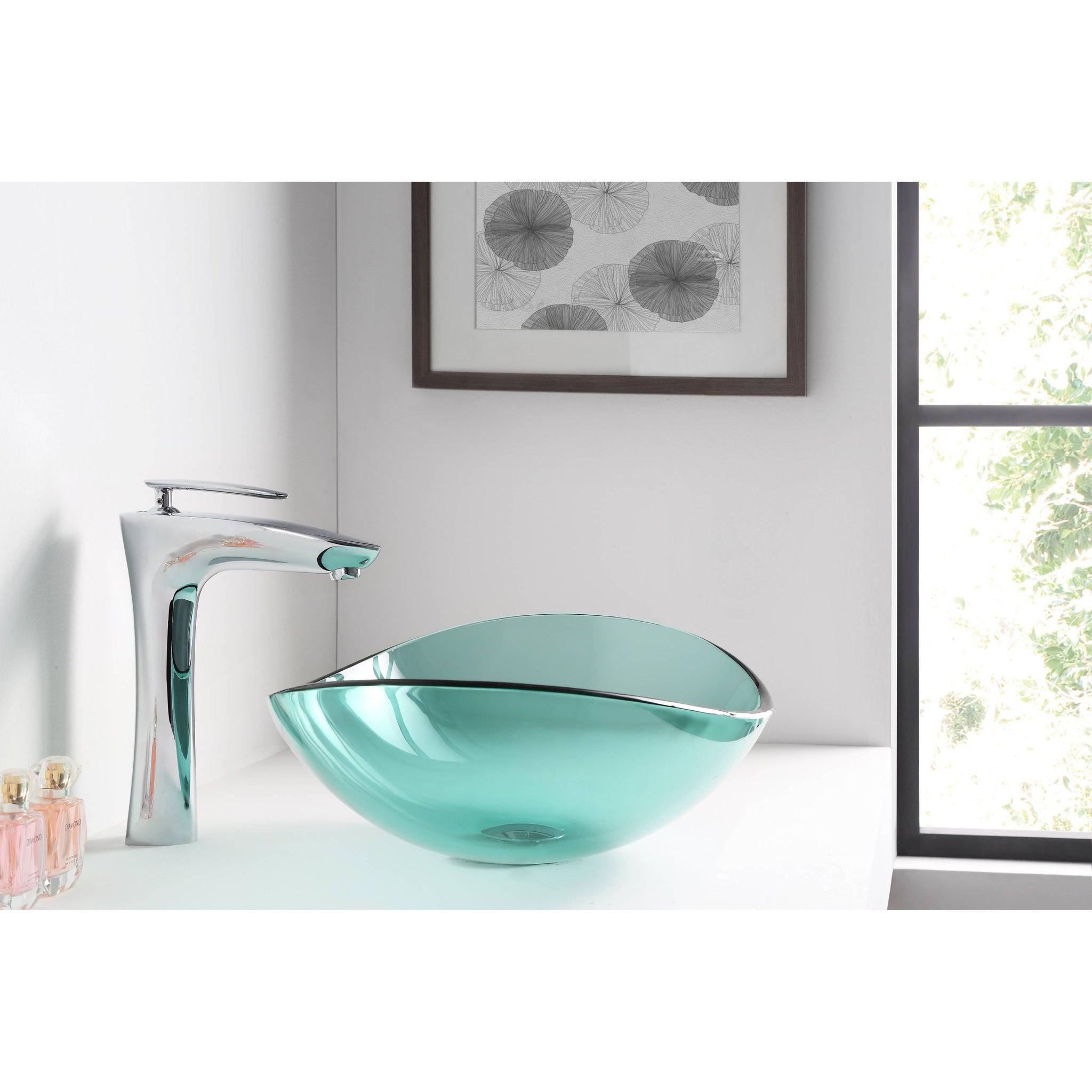 ANZZI, ANZZI Tale Series 21" x 15" Oval Shaped Lustrous Green Deco-Glass Vessel Sink With Polished Chrome Pop-Up Drain