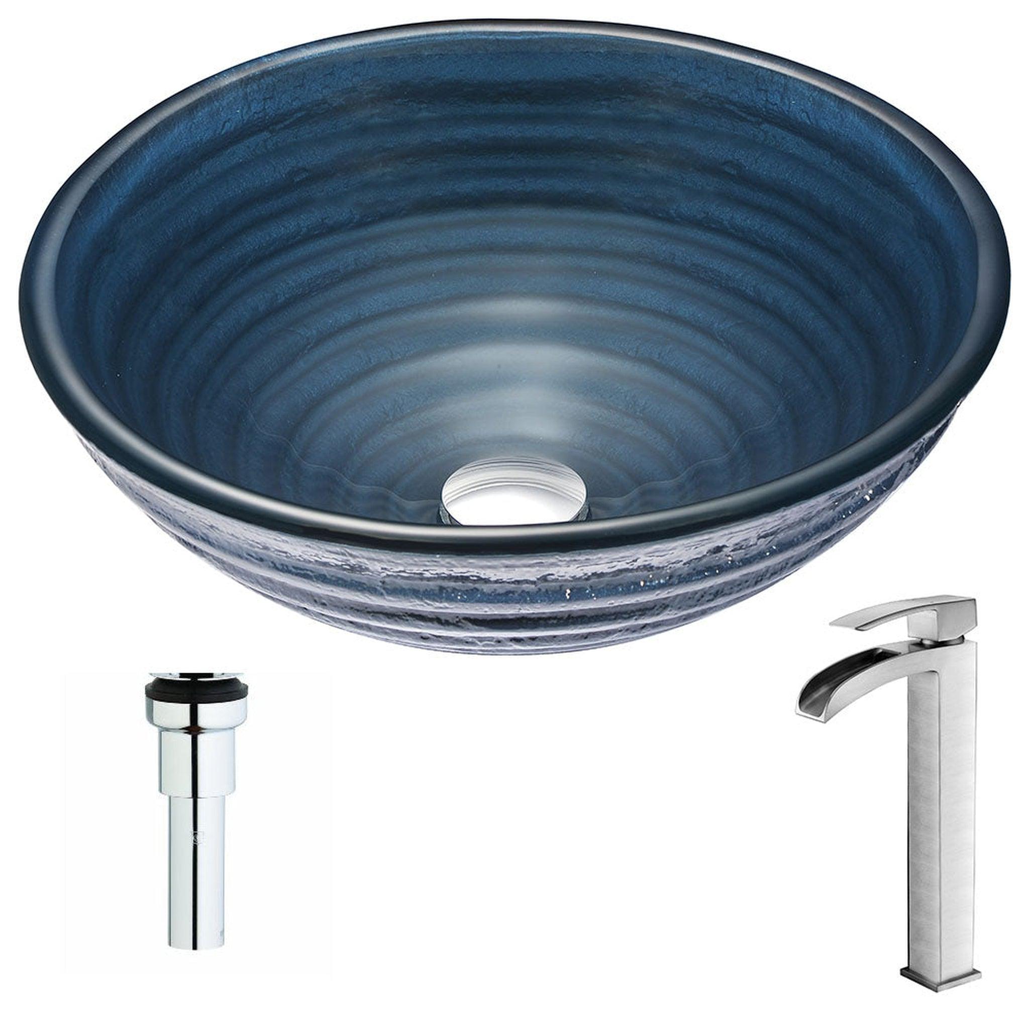 ANZZI, ANZZI Tempo Series 17" x 17" Round Coiled Blue Deco-Glass Vessel Sink With Chrome Pop-Up Drain and Brushed Nickel Key Faucet