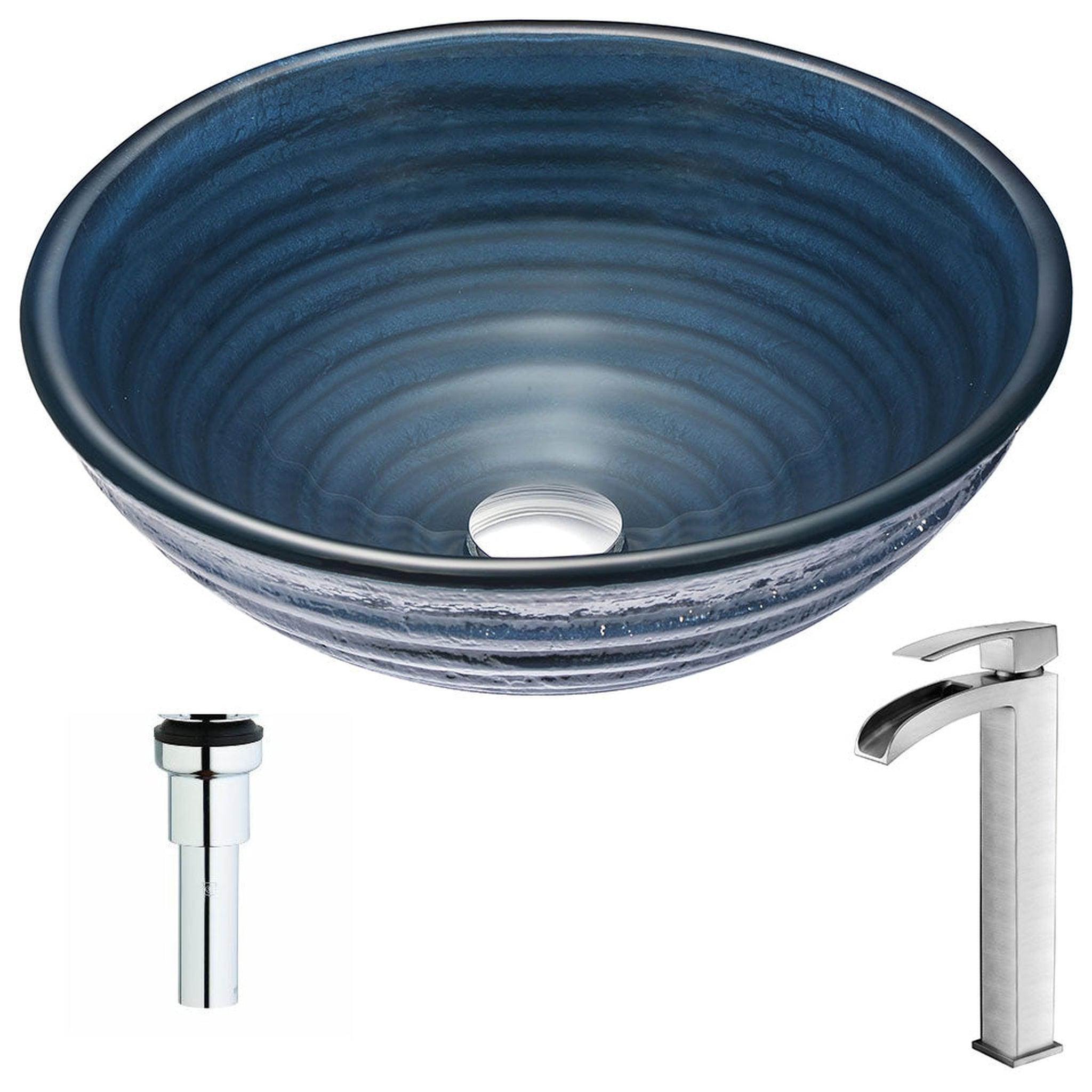 ANZZI, ANZZI Tempo Series 17" x 17" Round Coiled Blue Deco-Glass Vessel Sink With Polished Chrome Pop-Up Drain and Key Faucet