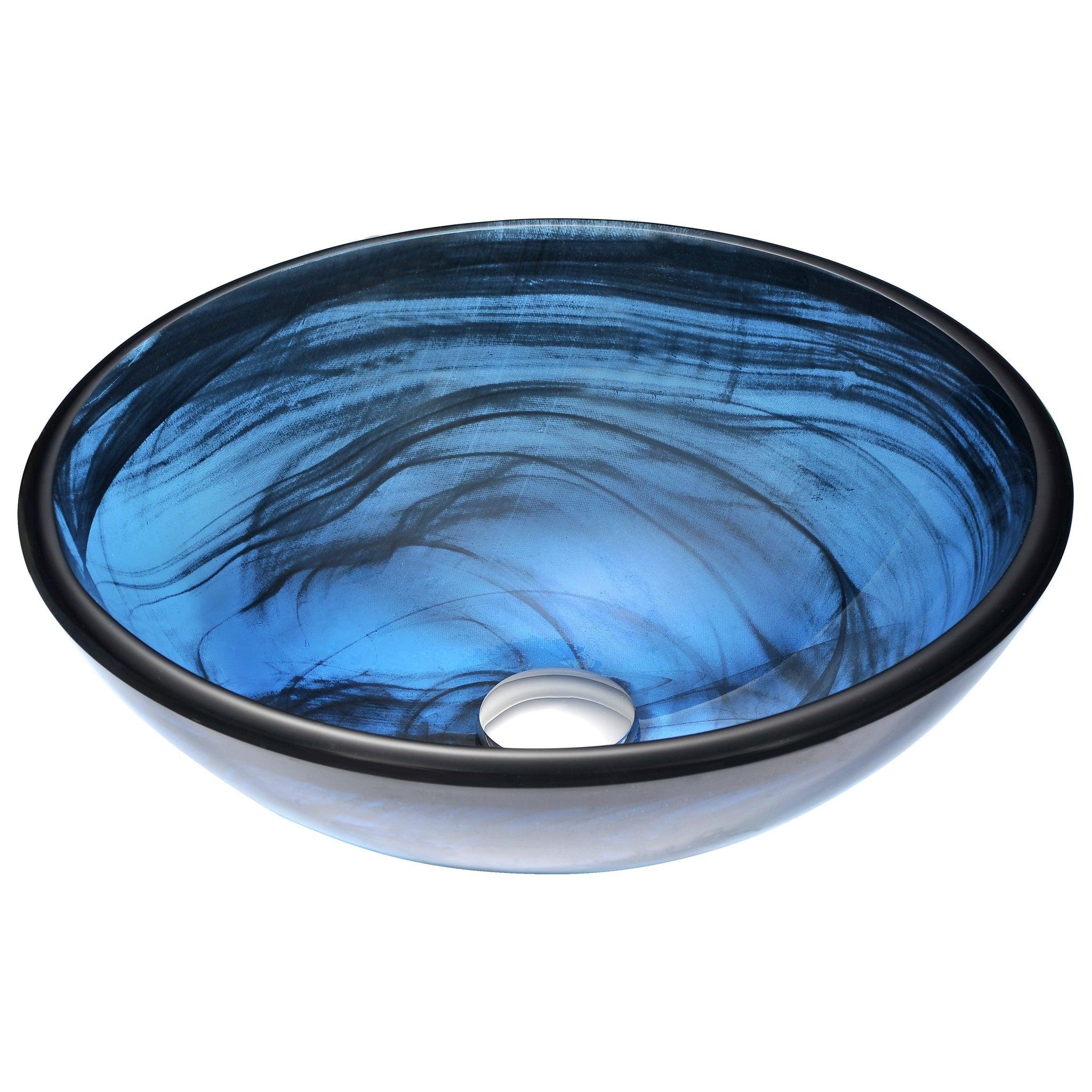 ANZZI, ANZZI Thalu Series 17" x 17" Round Sapphire Wisp Deco-Glass Vessel Sink With Polished Chrome Pop-Up Drain